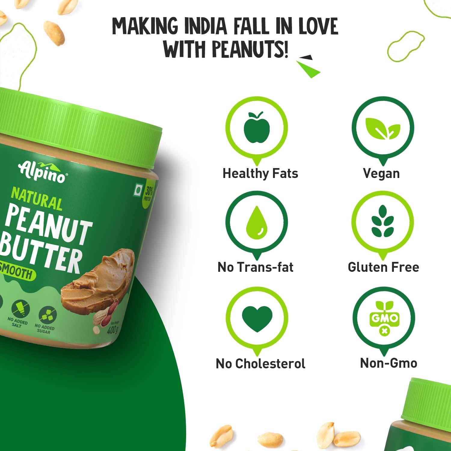 Alpino ALPINO Natural Peanut Butter Smooth 800g - Made with 100% Roasted Peanuts - 30g Protein, No Added Sugar & Salt, non-GMO, Gluten Free, Vegan Plant Based, Unsweetened Peanut Butter Creamy 400g, Pack of 2