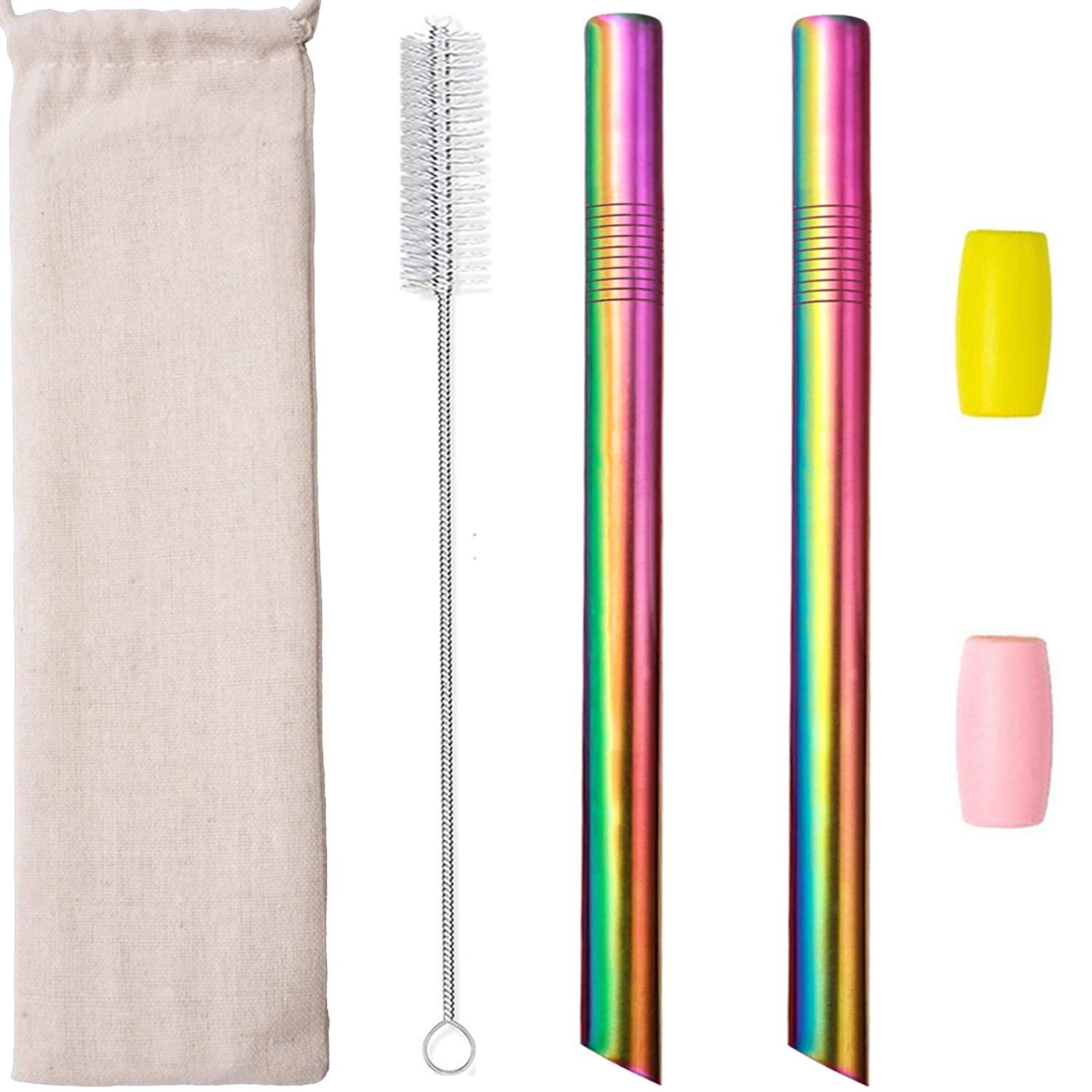morneve Reusable Boba Straws Smoothie Straws Metal Stainless Steel Straws Angled Tips Fat 0.5\" Wide for Jumbo Bubble Tea Milkshakes Milk Tea Tapioca Pearl With Silicone Tips Carry Bag Cleaning Brush 2 Pcs 10\"
