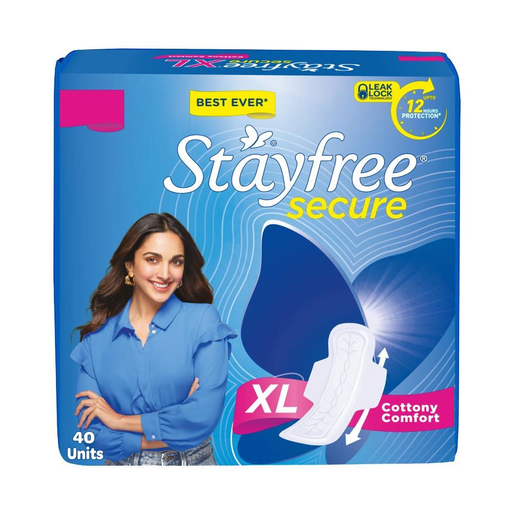 Stayfree Stayfree Secure xl | Cottony Soft Sanitary Pads for Women | With LeakLock Technology | Odour Control | Absorbs upto 100% fluid | Up to 12 Hours of Protection | 40 Pads (Pack of 2)