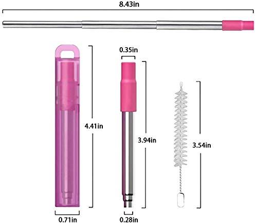 Anab Gift International ANABGI Reusable Portable Metal Straws for Drinking, Telescopic Foldable Stainless-Steel Drinking Straw with Case and Cleaning Brush Carabiner for Coffee Juice Smoothie Milkshake, Easy to Clean (Pink)