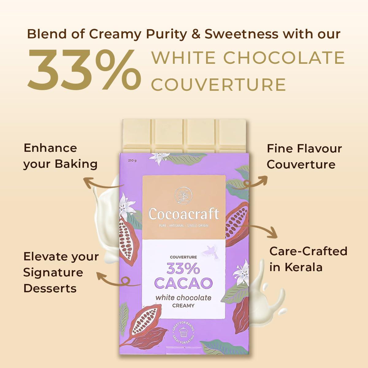 COCOACRAFT Cocoacraft 33% White Chocolate Couverture (210g) White Chocolate Baking Bar | 100% Natural | Handmade Artisinal Couverture Chocolate from Kerala | Used for baking and decoration