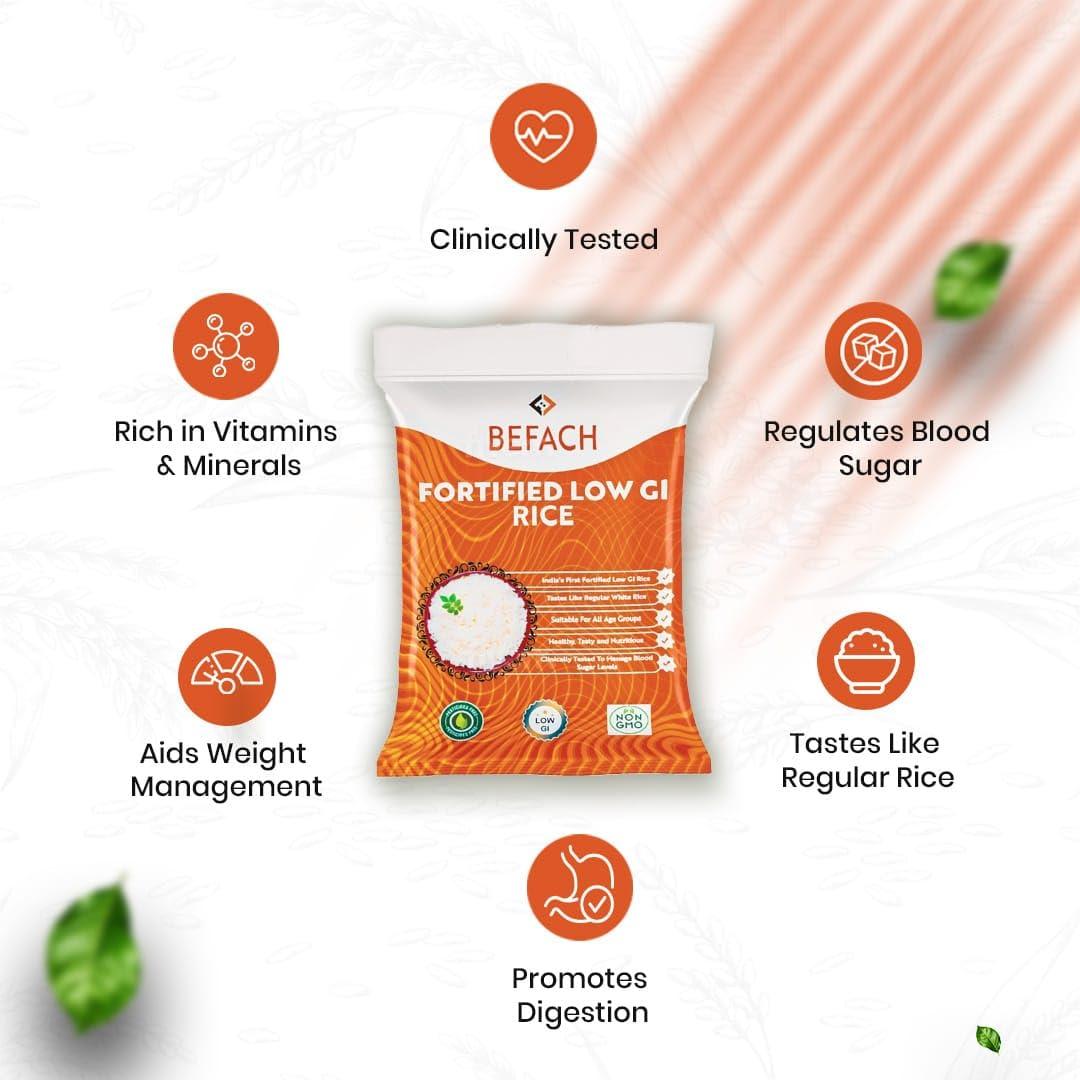 Befach 4x Befach Fortified Low GI Rice | Free of Pesticides, Non GMO, Certified Low GI & Low Sugar White Rice Perfect for Diet & Diabetic Patients | 4.5 kg (Pack of 3)