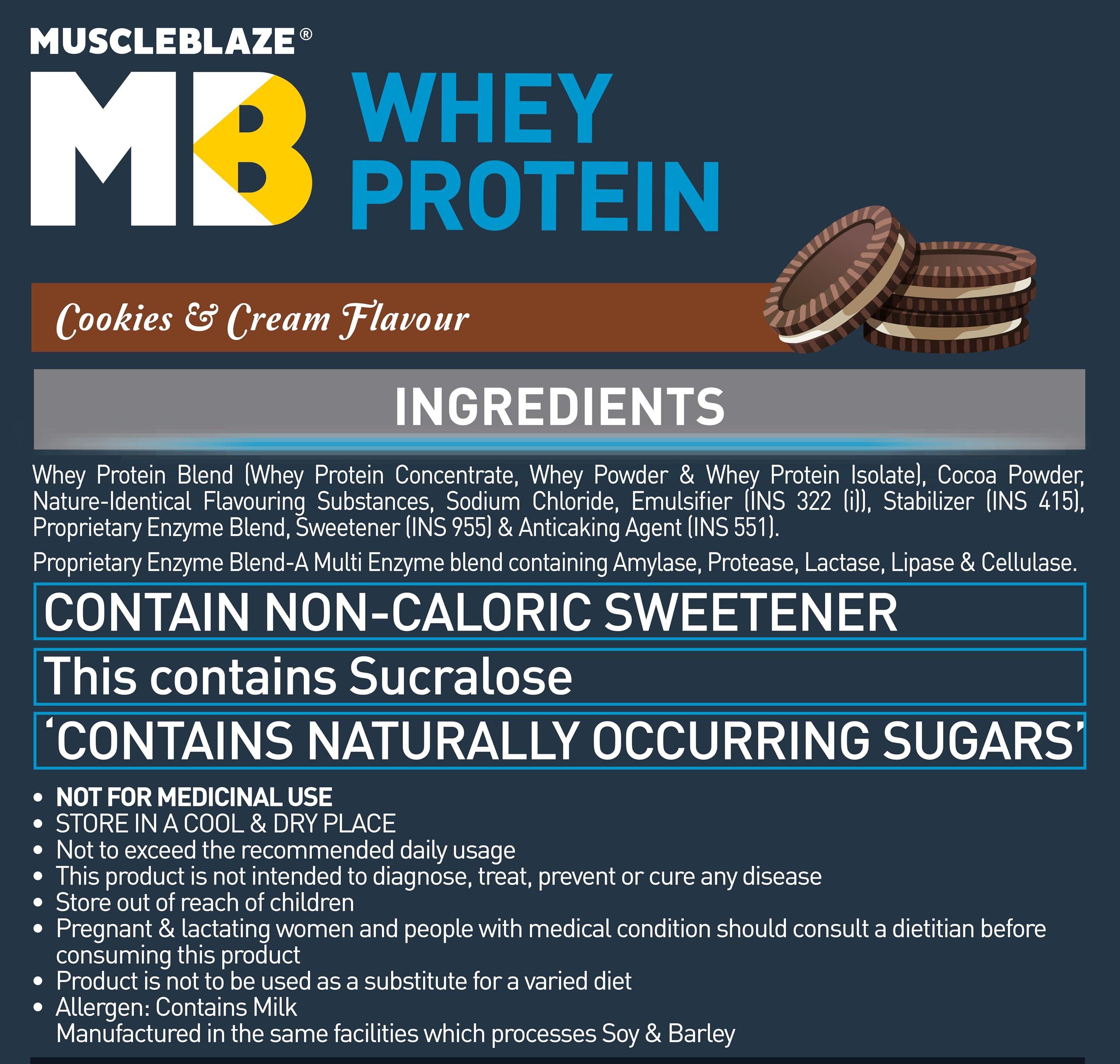 MuscleBlaze MuscleBlaze 100% Whey Protein, Ultra Premium Blend with Whey Protein Concentrate & Whey Protein Isolate, 25 g Protein per Scoop (Cookies & Cream, 1 kg / 2.2 lb)