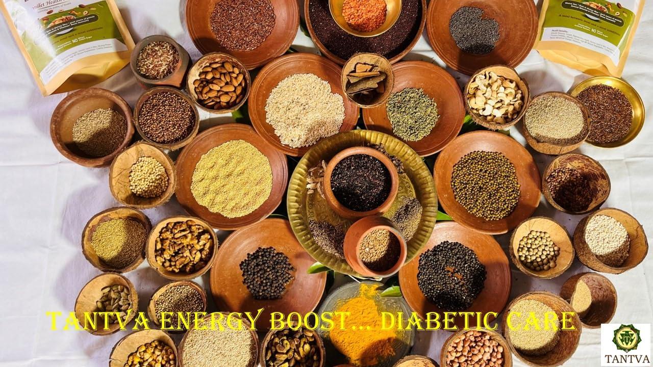 Tantva TANTVA Diabetic Care Energy Boost Health Mix | Multi Millet Multi Grain Dry Nuts | With 45 Natural Healthy Ingredients | Gluten Free | Sugar Free | Tasty | Healthy | 500 gms