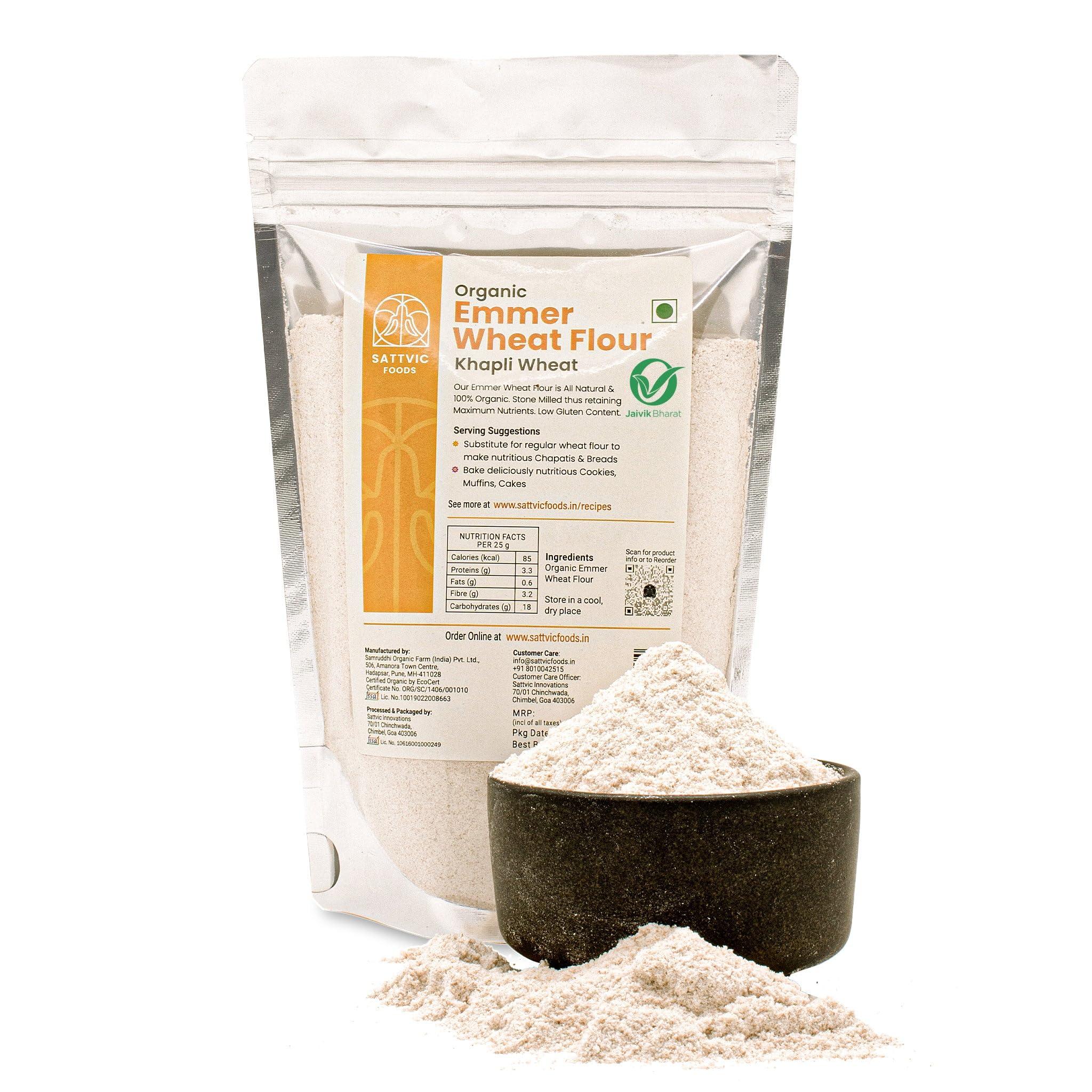 Sattvic Foods Sattvic Foods Emmer Wheat Flour (Khapli Atta)(900g) Organic Certified Ancient Grain | Low Gluten, Fibre & Protein Rich | Aids in digestion | Substitute for regular wheat flour, Make Roti, Baked goods