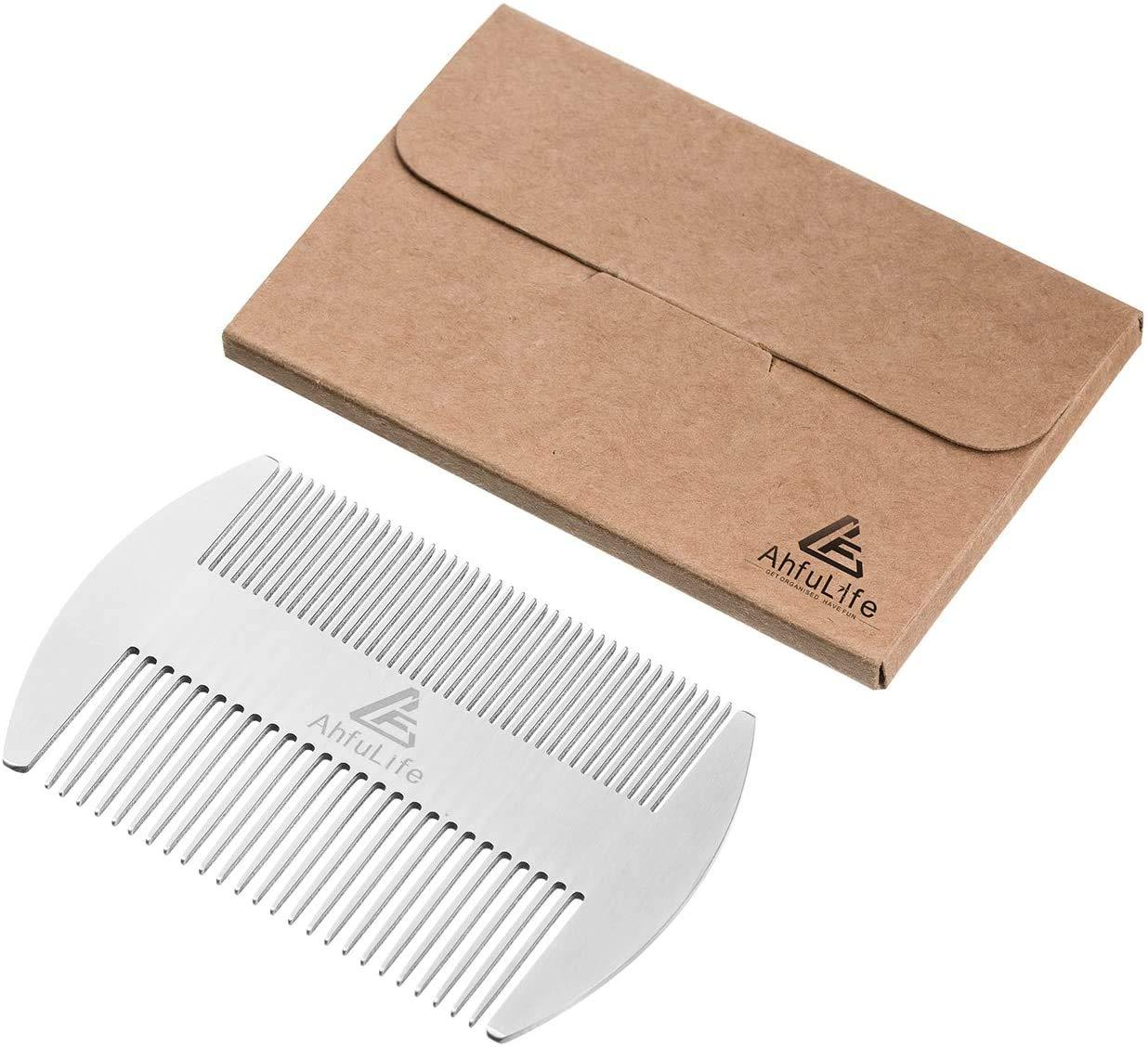 AhfuLife Stainless Steel Metal Hair&Beard Comb - Anti-Static Dual Action Beard Comb - Credit Card Size Comb Perfect for Wallet and Pocket - Presented in Gift Box (Stainless Steel Comb (2pcs))