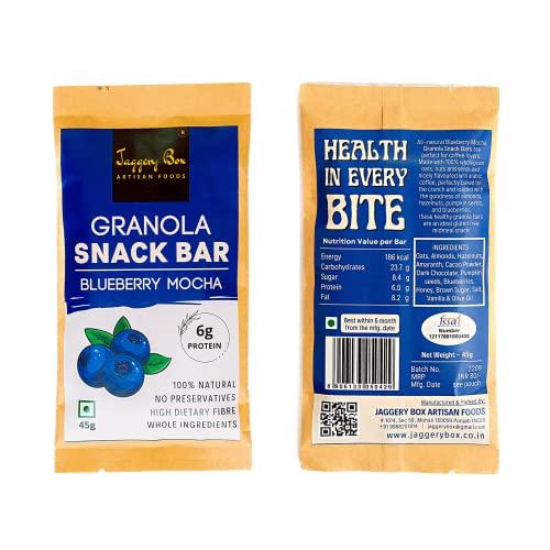 JAGGERY BOX Jaggery Box Blueberry Mocha Granola Snack Bar | All Natural with Wholegrains & Honey | No Preservatives & Artificial Flavours | 270g, Pack of 6 bars
