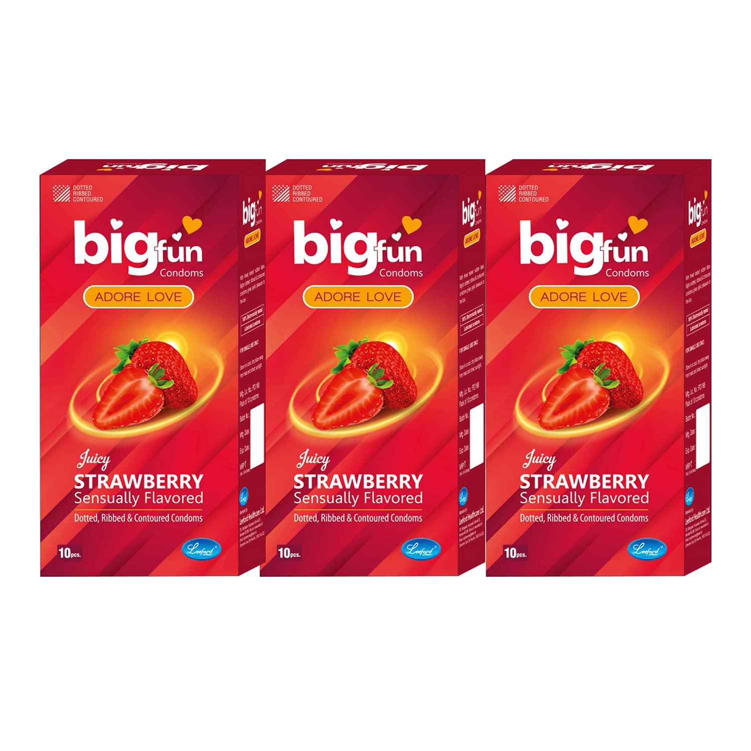 BIGFUN Bigfun Flavoured Dotted, Ribbed & Contoured Long Last Condoms For Men Count 10 - Total 30 Pcs (Juicy Strawberry, Pack of 3)