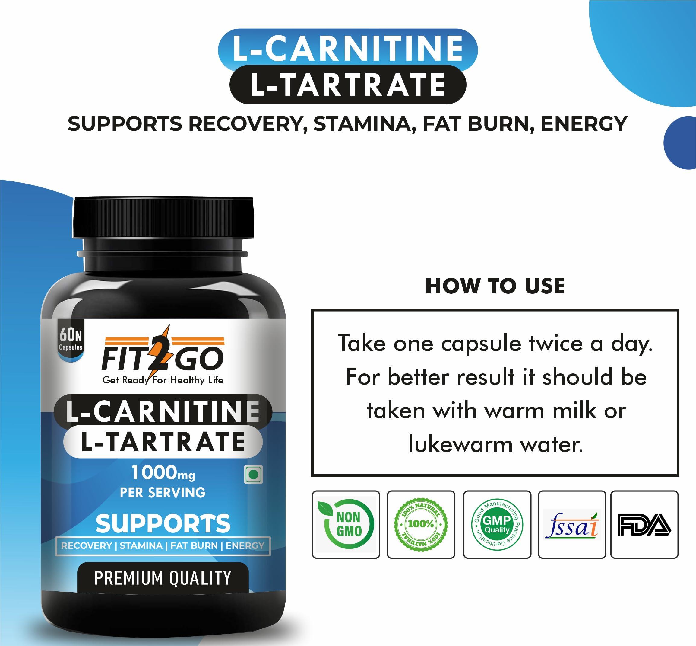 FIT2GO FIT2GO L-Carnitine L-Tartrate 1000mg Helps Convert Fat into Energy (60 Capsules)