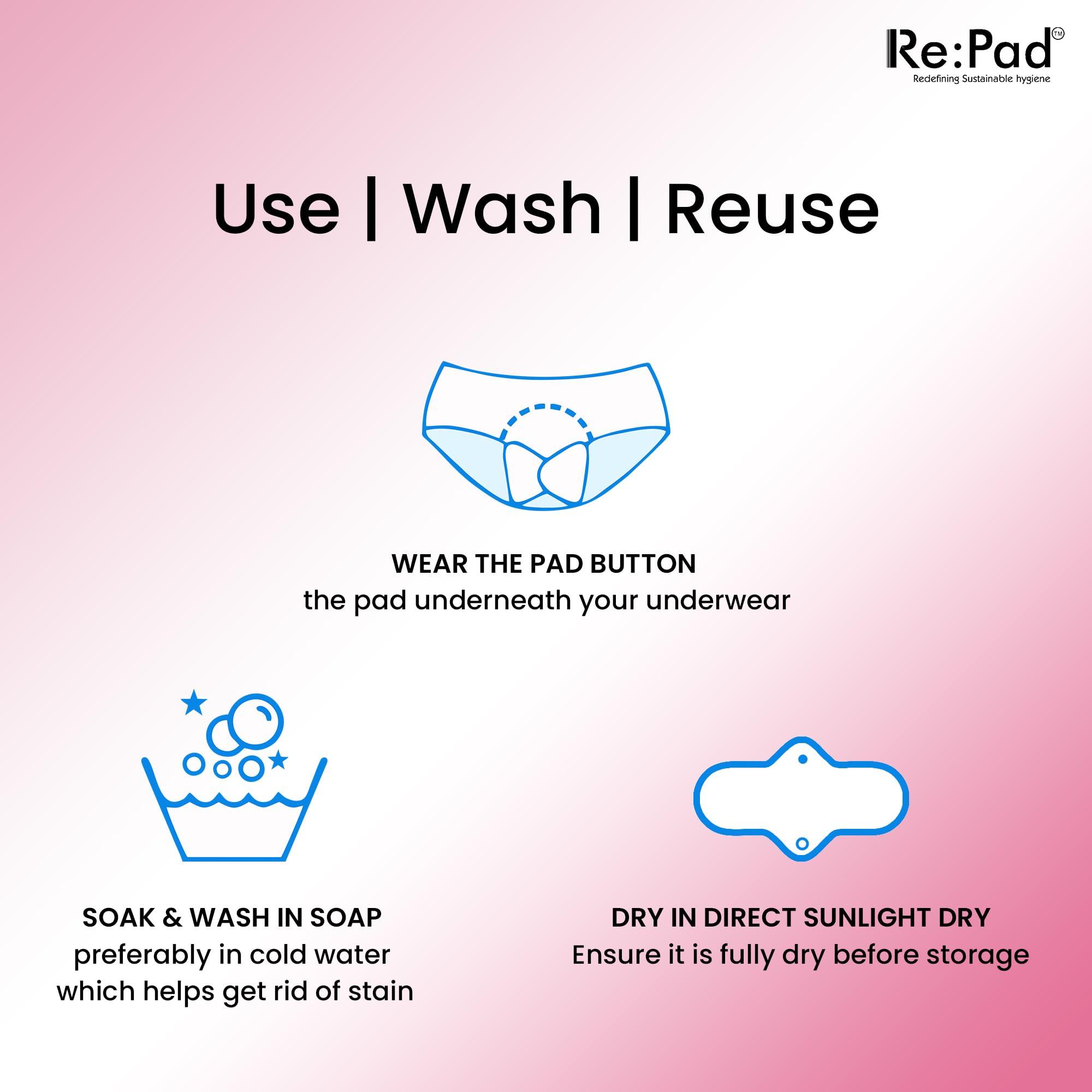 Re:Pad Re pad Reusable Cloth Sanitary for Women Overnight Cloth Washable Super-Absorbent, Soft and Comfortable 3 Super Maxi pads in (Blue) Sanitary Pad (Pack of 3) |Lasts Up To 1 .5 Years