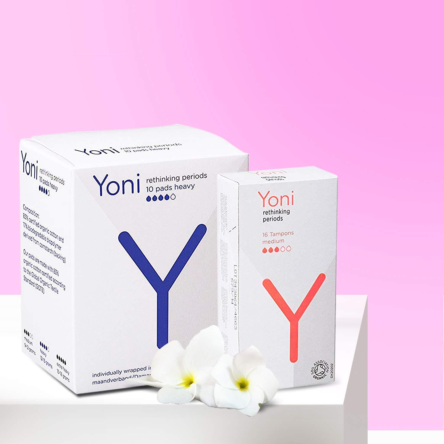 Yoni Yoni Sanitary Pads - Heavy Flow & Tampons - Medium Flow - Organic Cotton, Biodegradable, Eco-friendly, No Plastic, Leak Proof & Optimum Coverage, Designed for Normal-Sensitive Skin, Combo Pack, (10 Sanitary Pads & 10 Tampons)