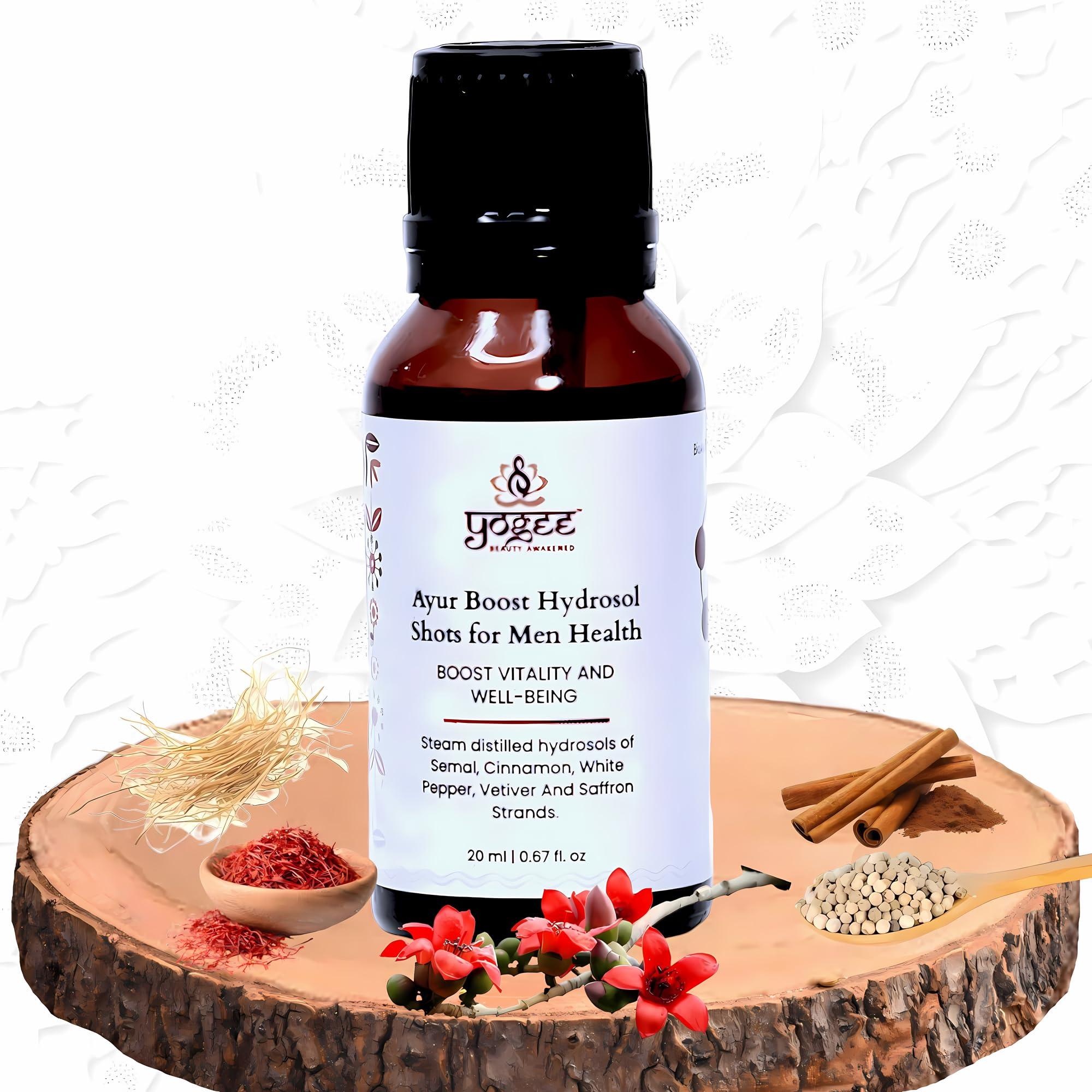 YOGEE YOGEE Organic Hydrosol Oral Shots Elixir for Men | Cinnamon, Vetiver, White pepper, Saffron |Sugar-Free Natural Health Supplement 20ml