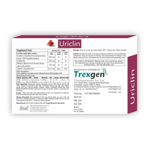 Trexgen Trexgen URICLIN UTI Support Cranberry 25% Proanthocyanidine 500 mg, D-Mannose 500 mg, Hibiscus 100 mg & Vitamin C (30 Tablets) (Pack of 2)