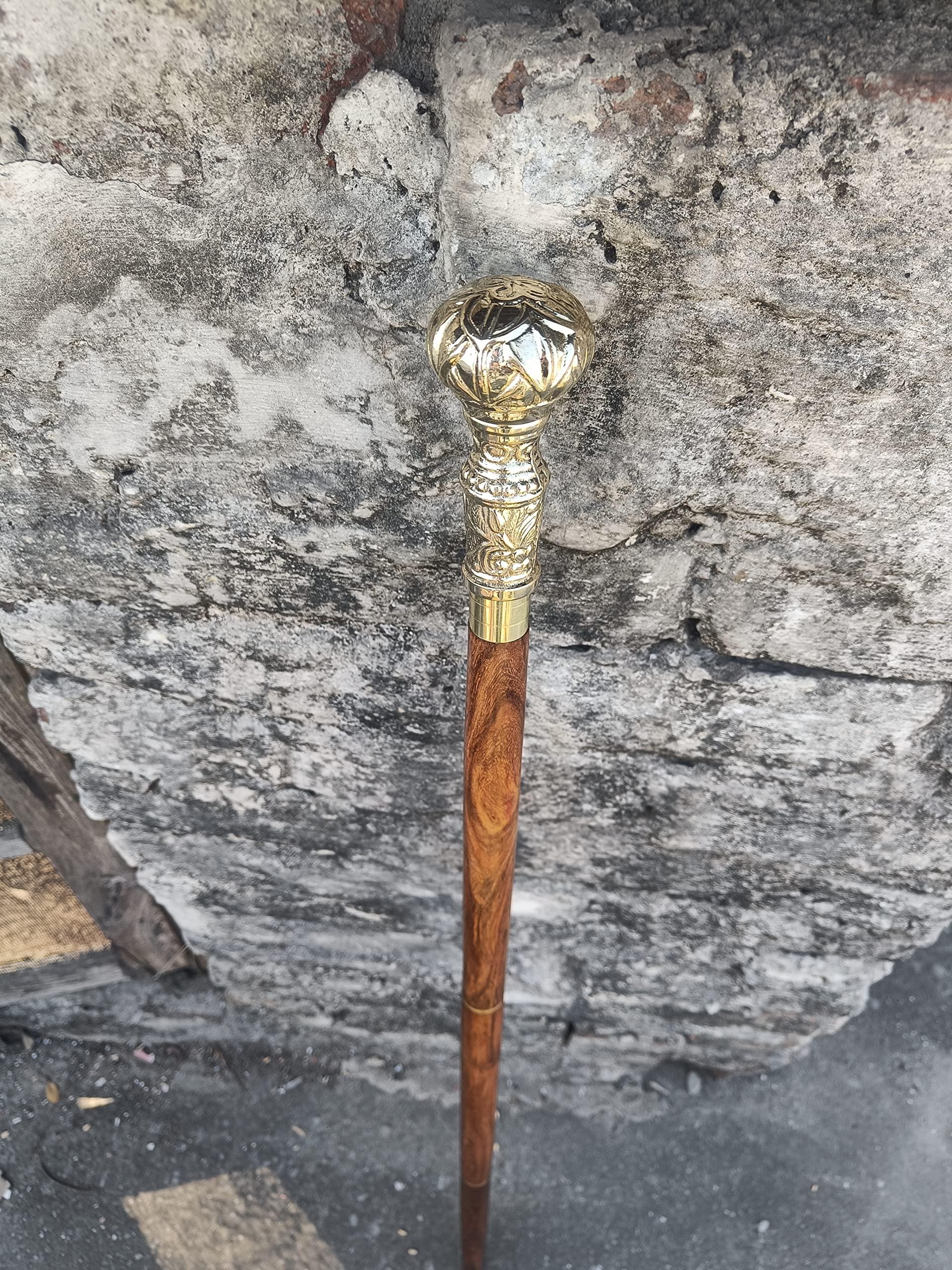 Dthrei Company Wooden Brown Plain Walking Stick with Solid Brass Designer Handle Victorian Cane Best for Gift