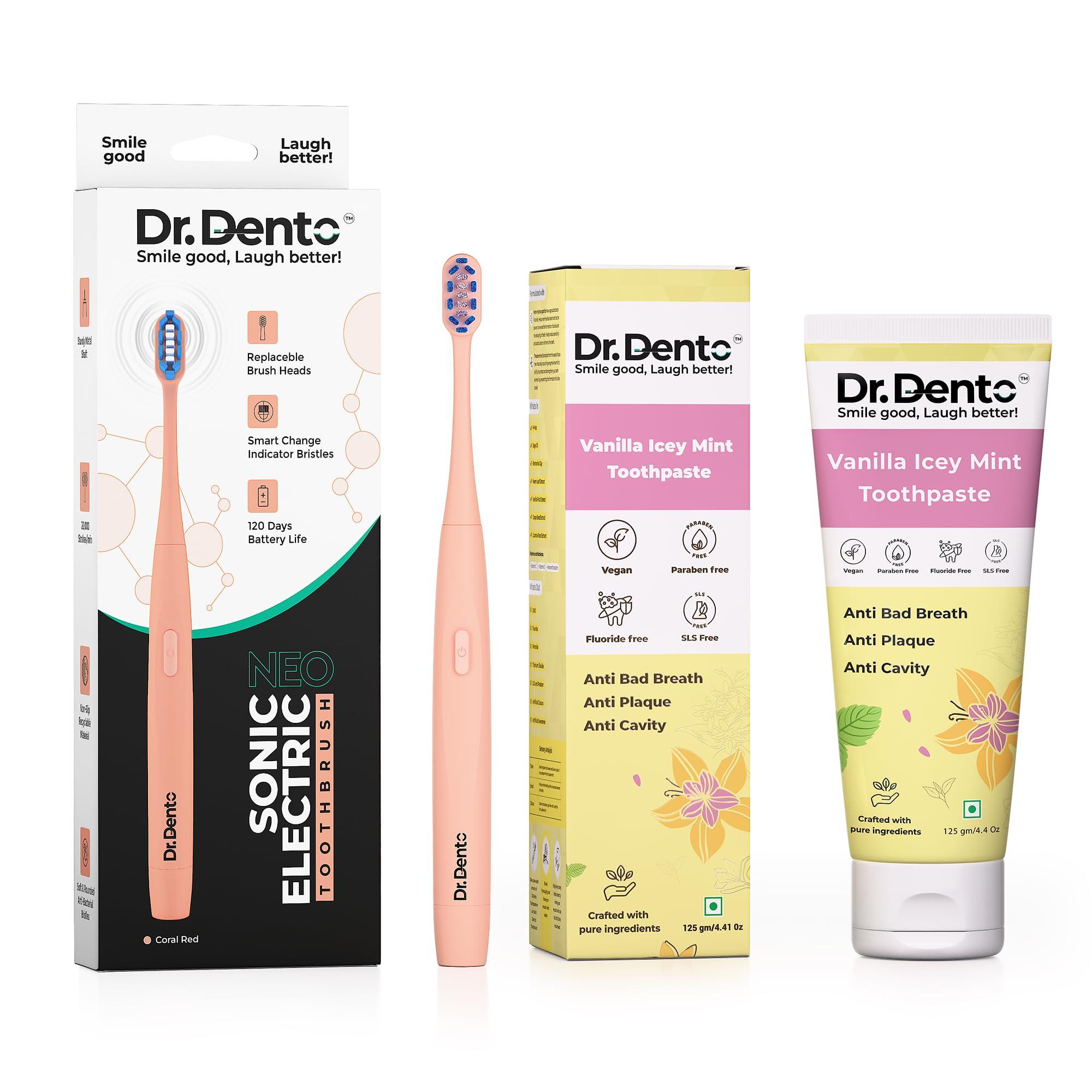 Dr.Dento Dr.Dento Neo Coral Red Super Soft Electric Toothbrush with Vanilla Icey Mint Flavored Toothpaste (125g) | Lightweight & Waterproof | SLS & Fluoride Free | Ideal for Men, Women & Kids