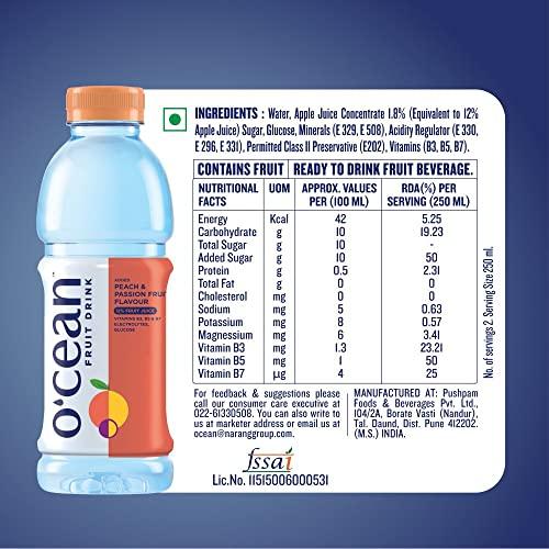 O'cean Fruit Drink Ocean Fruit Water Peach Passion flavor enriched with vitamins, electrolyte & glucose| 500ml | Pack of 6