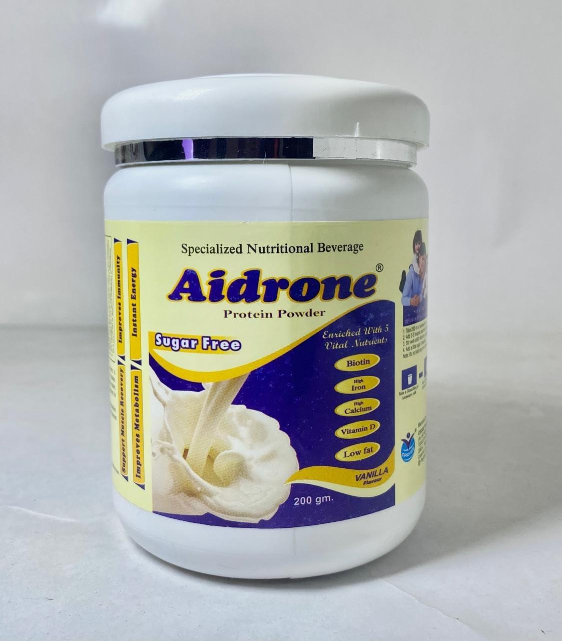 Aidrone Aidrone Protein Powder - Sugar-Free, Enriched with Biotin, Iron, Calcium & Vitamin D, Vanilla Flavor - 400 Grams | Combo Pack of 2 | High Protein, Low Fat | Ideal for Diabetics & Health Conscious (Pack of 2, Vanilla)