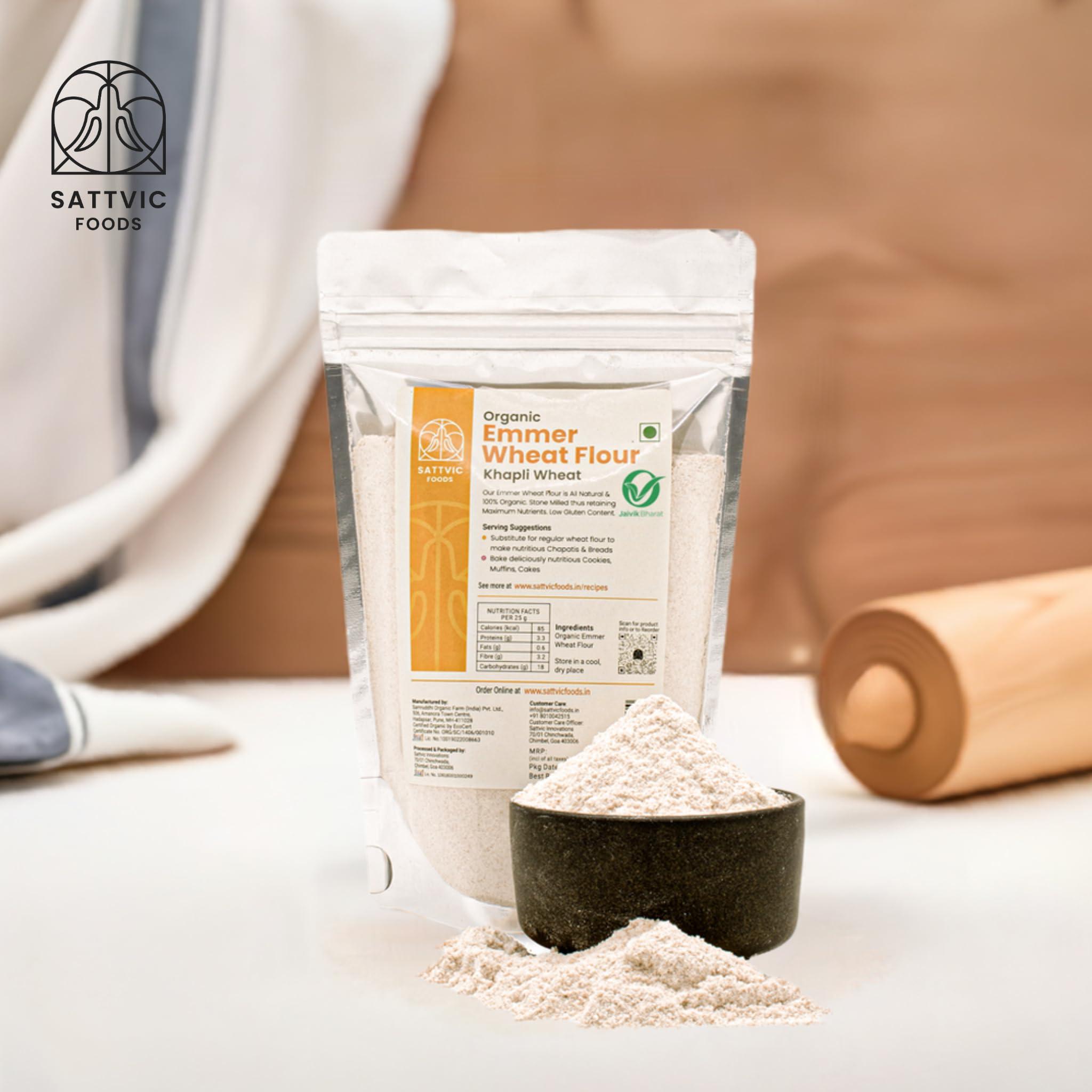 Sattvic Foods Sattvic Foods Emmer Wheat Flour (Khapli Atta)(900g) Organic Certified Ancient Grain | Low Gluten, Fibre & Protein Rich | Aids in digestion | Substitute for regular wheat flour, Make Roti, Baked goods