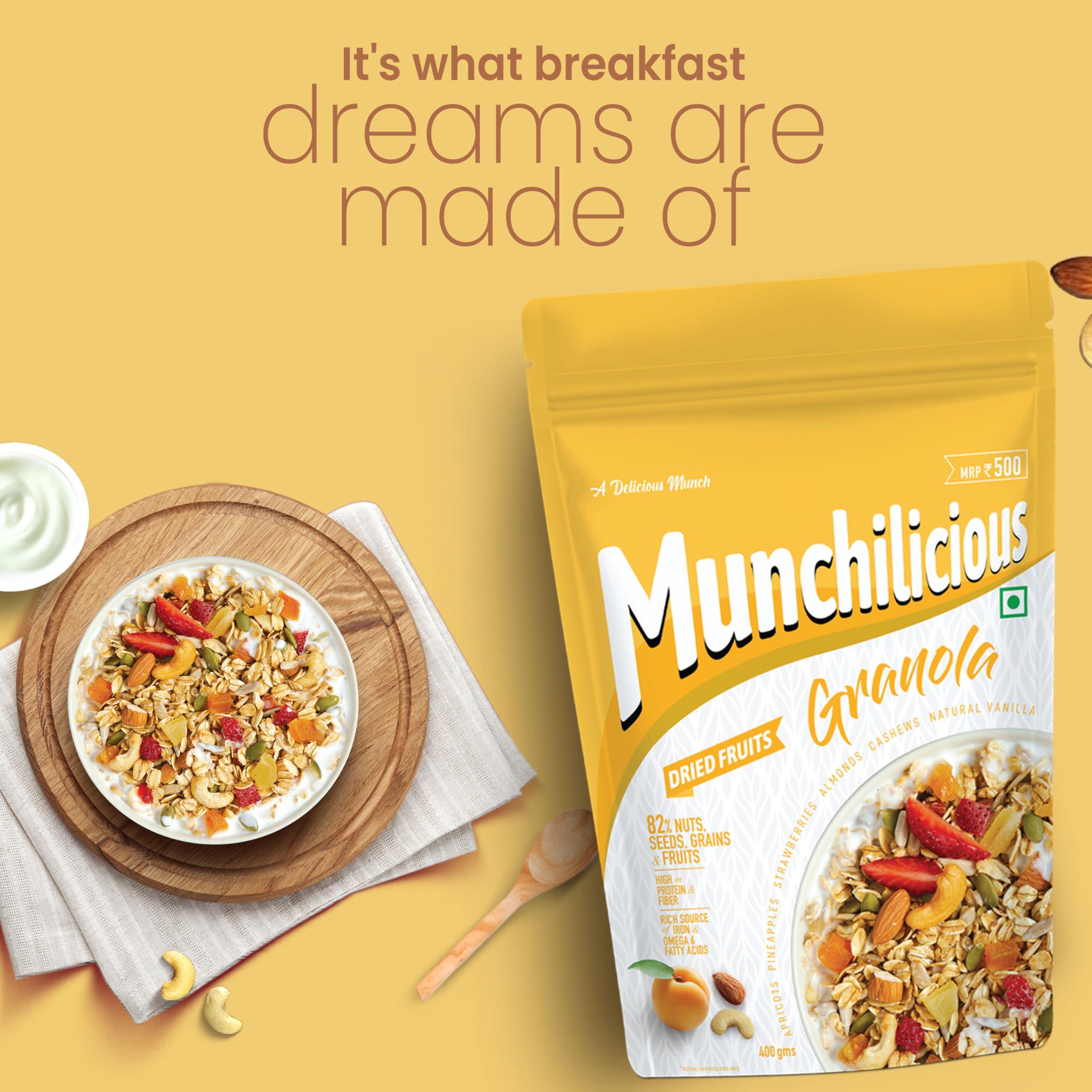Munchilicious Granola Munchilicious Granola Breakfast Cereal Dried Fruits - 350gm | 82% Nuts, Seeds, Grains & Fruits | High in Protien & Fiber | Source of Omega | Oat Flakes | Ready To Eat Healthy Granola For Breakfast