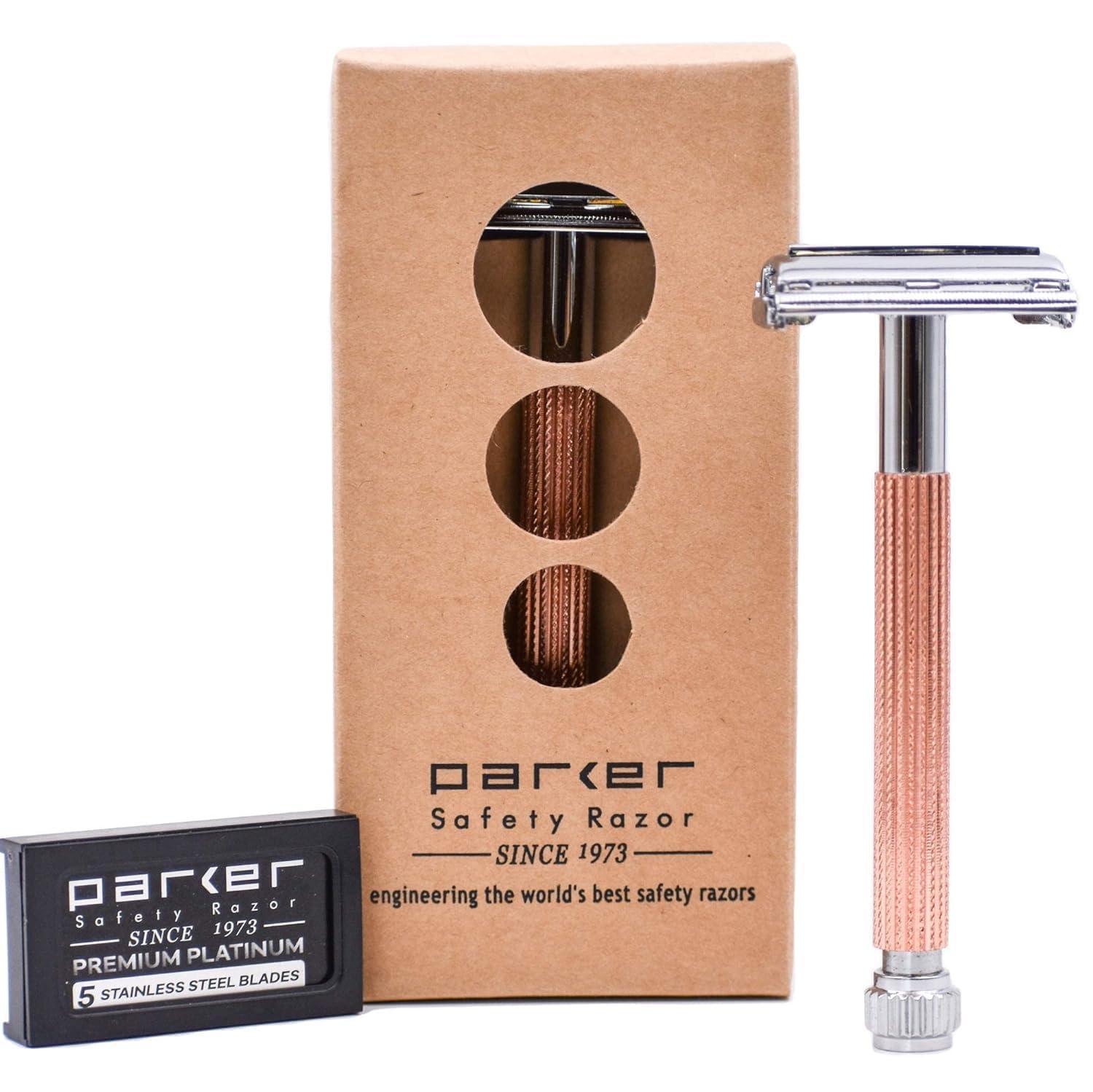 PARKER Safety Razor Parker 29L Long Handle Women's Double Edge Butterfly Open Double Edge Safety Razor (Rose Gold) with 5 Parker Premium Platinum Blades Textured Plated Brass Handle