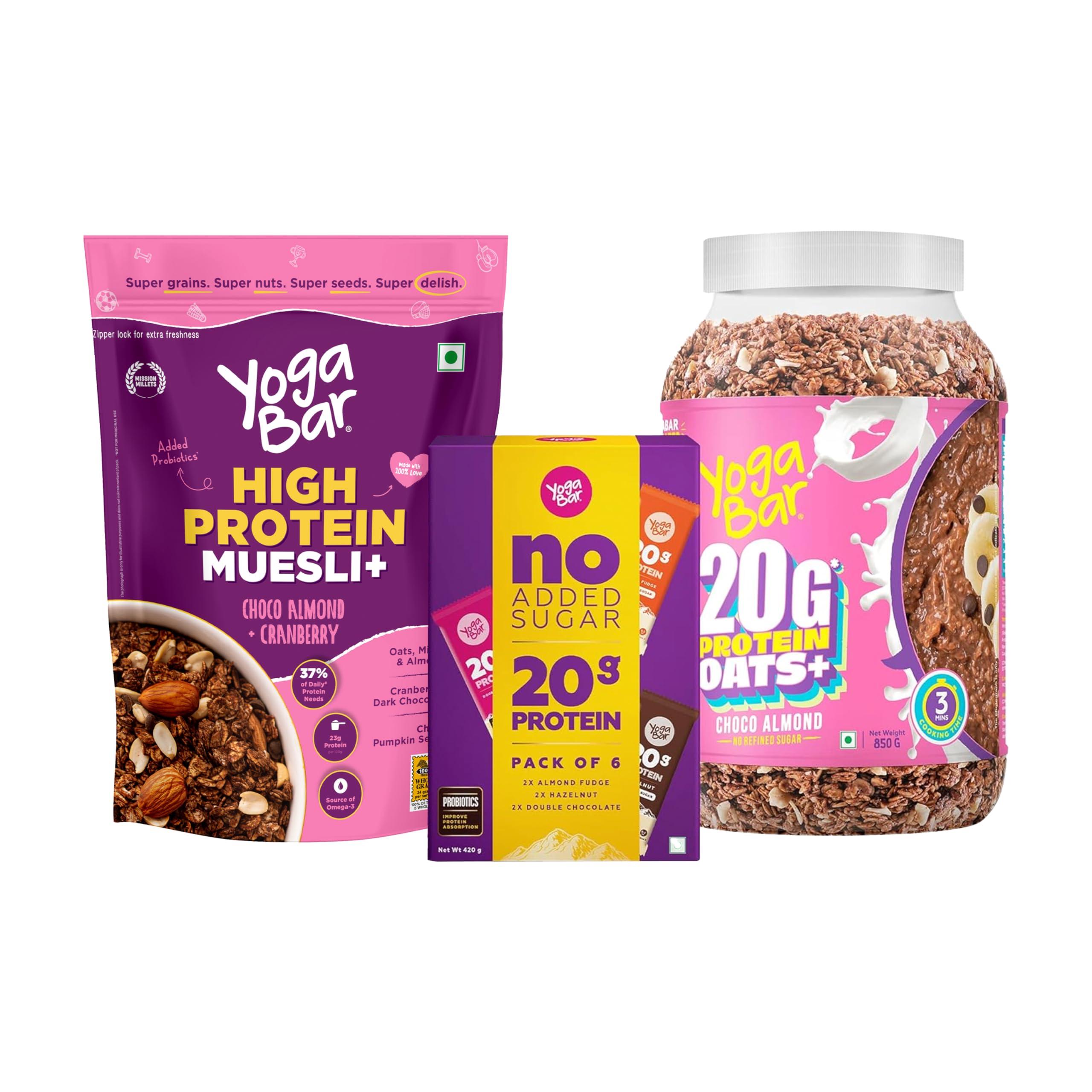 Yogabar Yogabar High Protein Muesli - Choco Almond & Cranberry - 21g Protein Muesli, Whey Protein 350g, and 1 High Protein Oats 850g | Choco Almond Oatmeal, 1 No Added Sugar Protein Bar (Combo of 3)