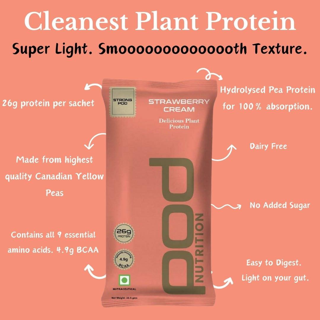 Pod Nutrition POD NUTRITION Pea Protein Isolate Powder | Vegan Plant Protein | No Added Sugar | No Dairy | 26g Protein/Sachet | Clean & Easy to Digest | All Vital Amino Acids | Strawberry Cream Flavour Pack of 15