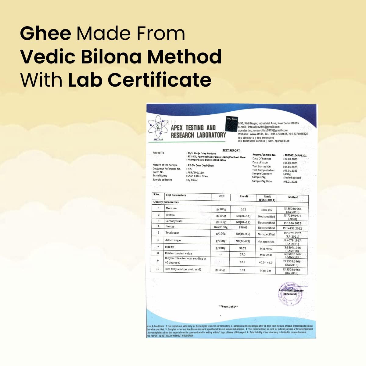 SHAHJI Shahji Pure A2 Gir Cow Desi Ghee 1L Glass Jar | Crafted with Vedic Bilona Method from 100% Desi Gir Cow Milk | Grassfed, Premium, and Traditional Ghee to Boost Immunity and Digestion | Lab Tested for Quality | Maa Ke Hath Ka Ghee | Serving Since 1957