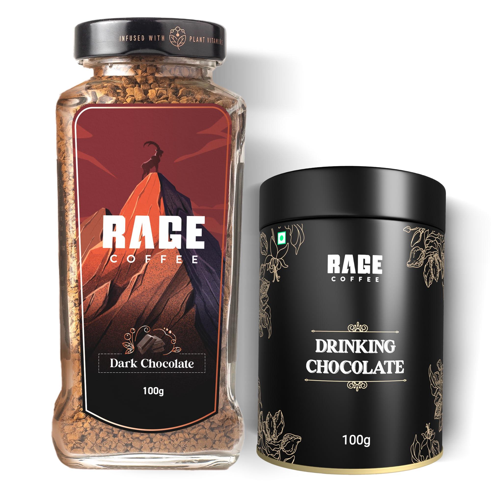 RAGE COFFEE Rage Coffee Combo - Flavoured Instant Coffee With Drinking Chocolate Powder Mix | Dark Chocolate Flavoured Coffee | 100 gms Each | Enjoy Hot Chocolate, Hot or Cold Coffee | Made In India