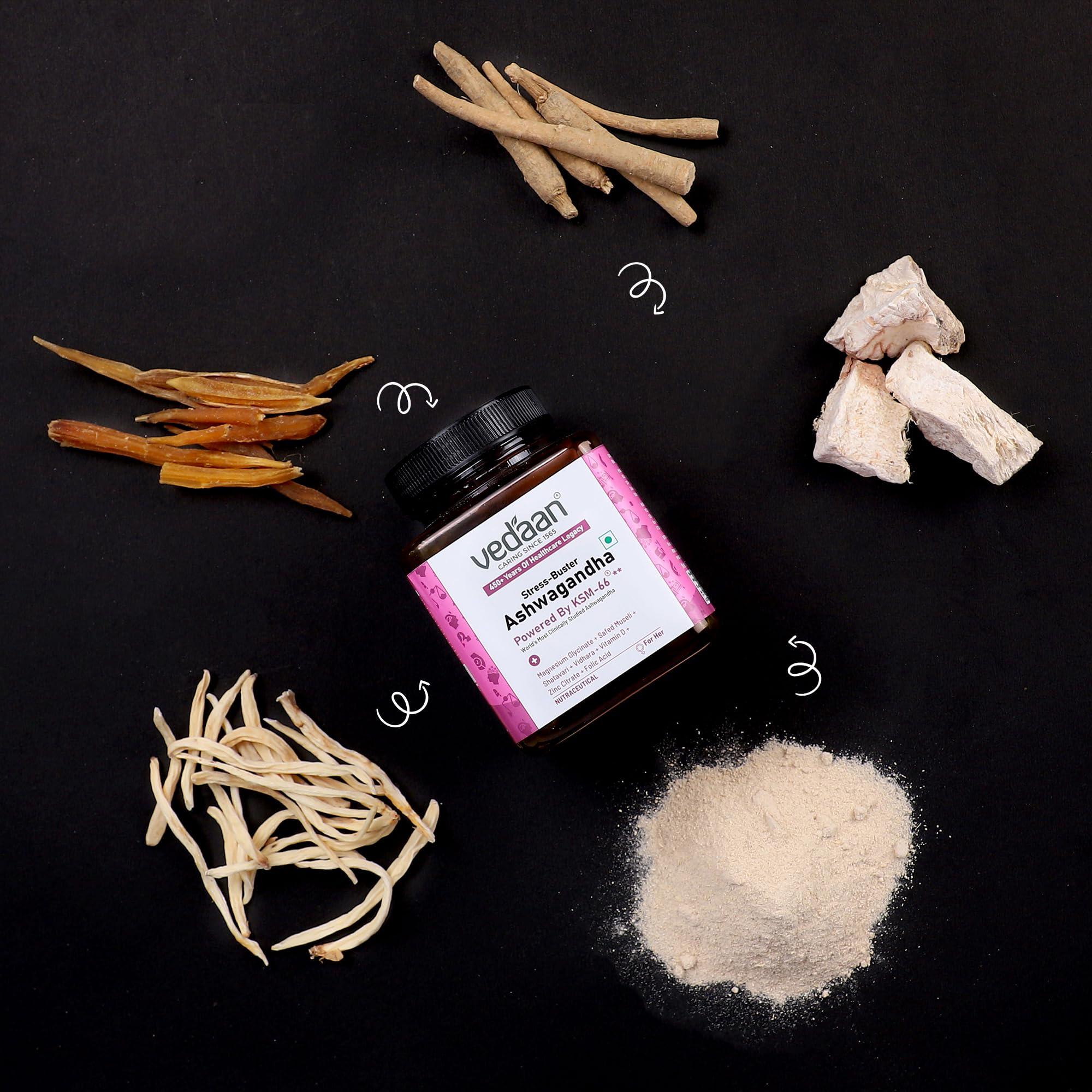 Vedaan Vedaan KSM-66 Ashwagandha for Women - Energy, Stress Relief & Sleep Improvement | Formula for Mood, Focus & Immune Support | Assistance in Hormonal Support - 60 Capsules Pack