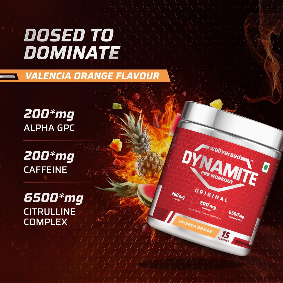 Wellversed Dynamite Dynamite Pre-Workout (210g, 15 Servings) | Valencia Orange | Pre-Workout For Men & Women With 200mg Alpha GPC | 200mg Caffeine | 6500mg Citrulline Complex | 1000mg Creatine