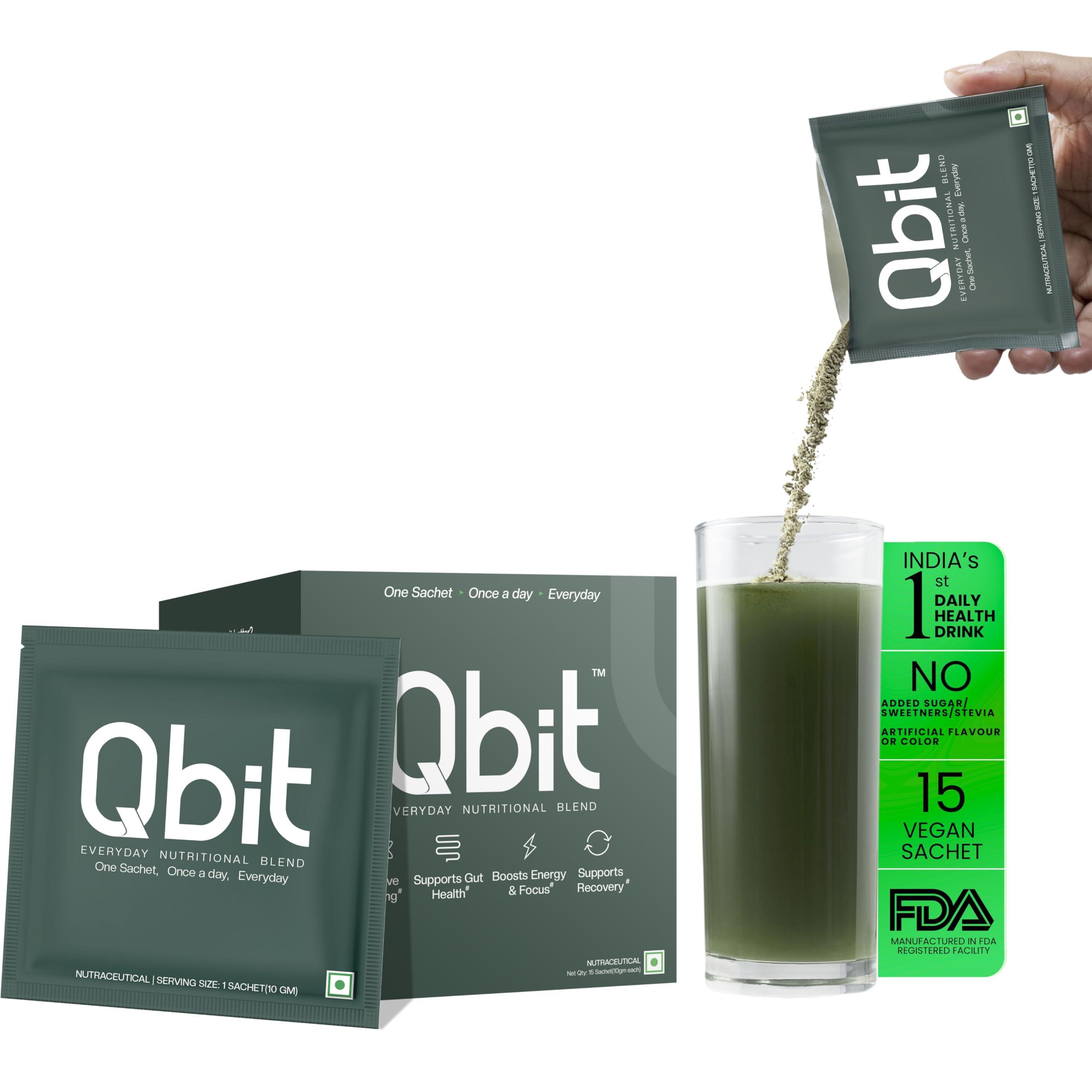 QBIT Qbit Gut Health Supplements Drink | Prebiotics | Probiotics | Plant Based | Daily Nutrition for Women and Men | Support Gut Health, Constipation, Digestion, Immunity | No Preservatives, No Color, Zero Sugar (15 Days Servings Sachets)