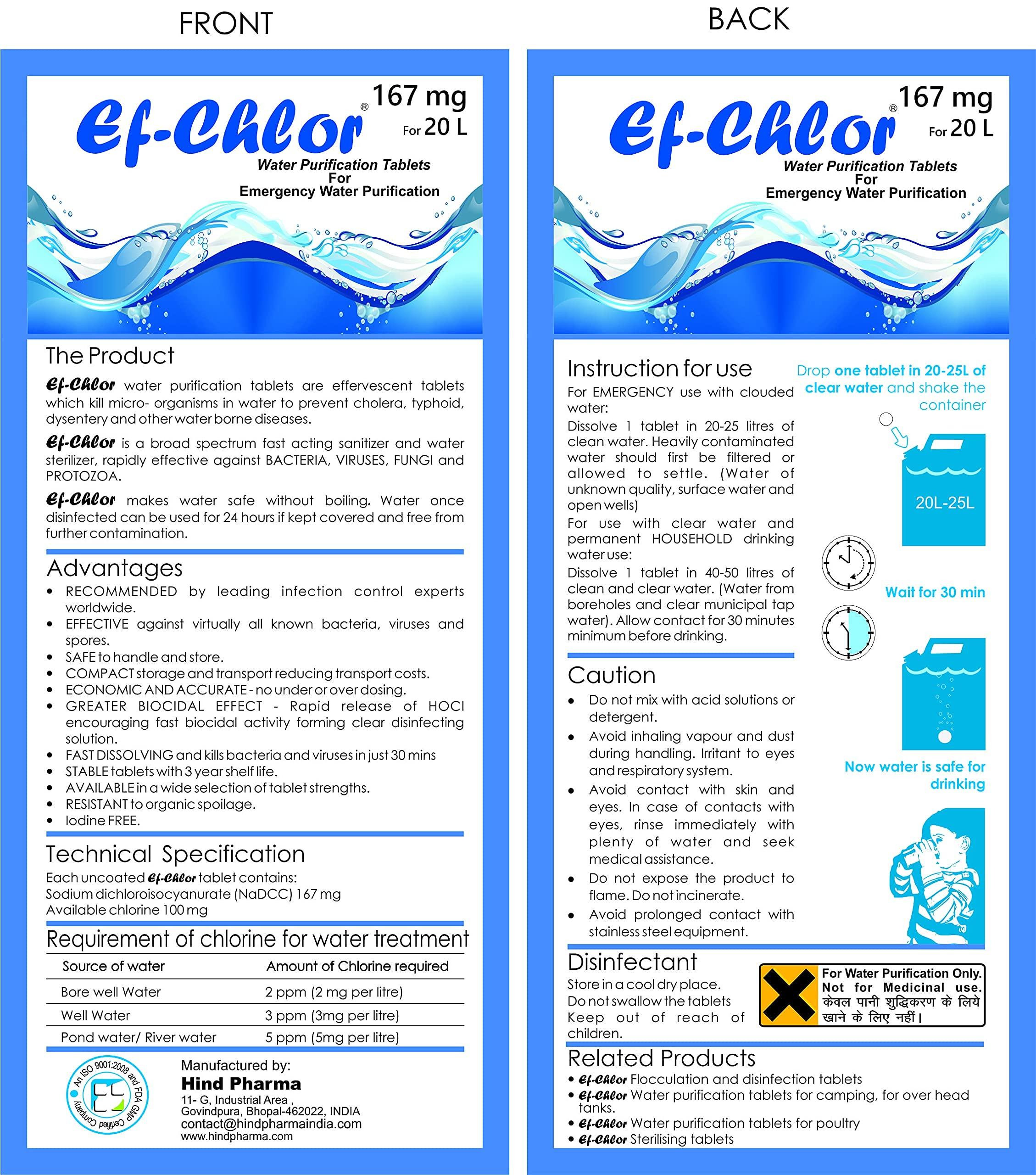 Ef-Chlor Ef-Chlor 167 mg Water Purification Tablets/NaDCC Tablet / 100 Tablets Pack/Rapidly Effective Against Bacteria, Viruses, and Spores/Purifies 20 Liters of Drinking Water per tablet
