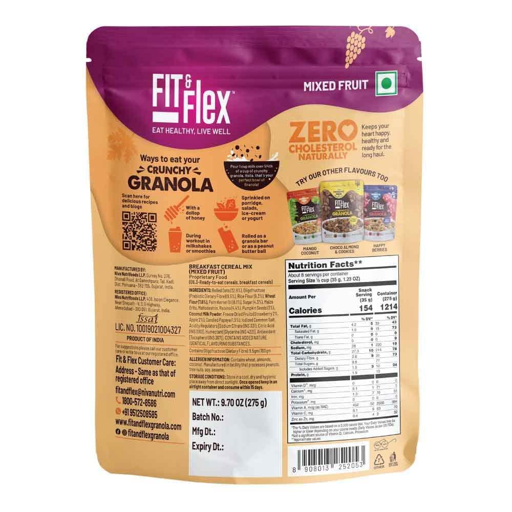 FIT & FLEX FIT & FLEX Baked Granola Mixed Fruit Oat Rich Cereal With Real Freeze Dried Fruits Ready To Eat Healthy Breakfast Food Cholesterol Free With Immunity Boosters As Seen On Shark Tank India 275 Gm
