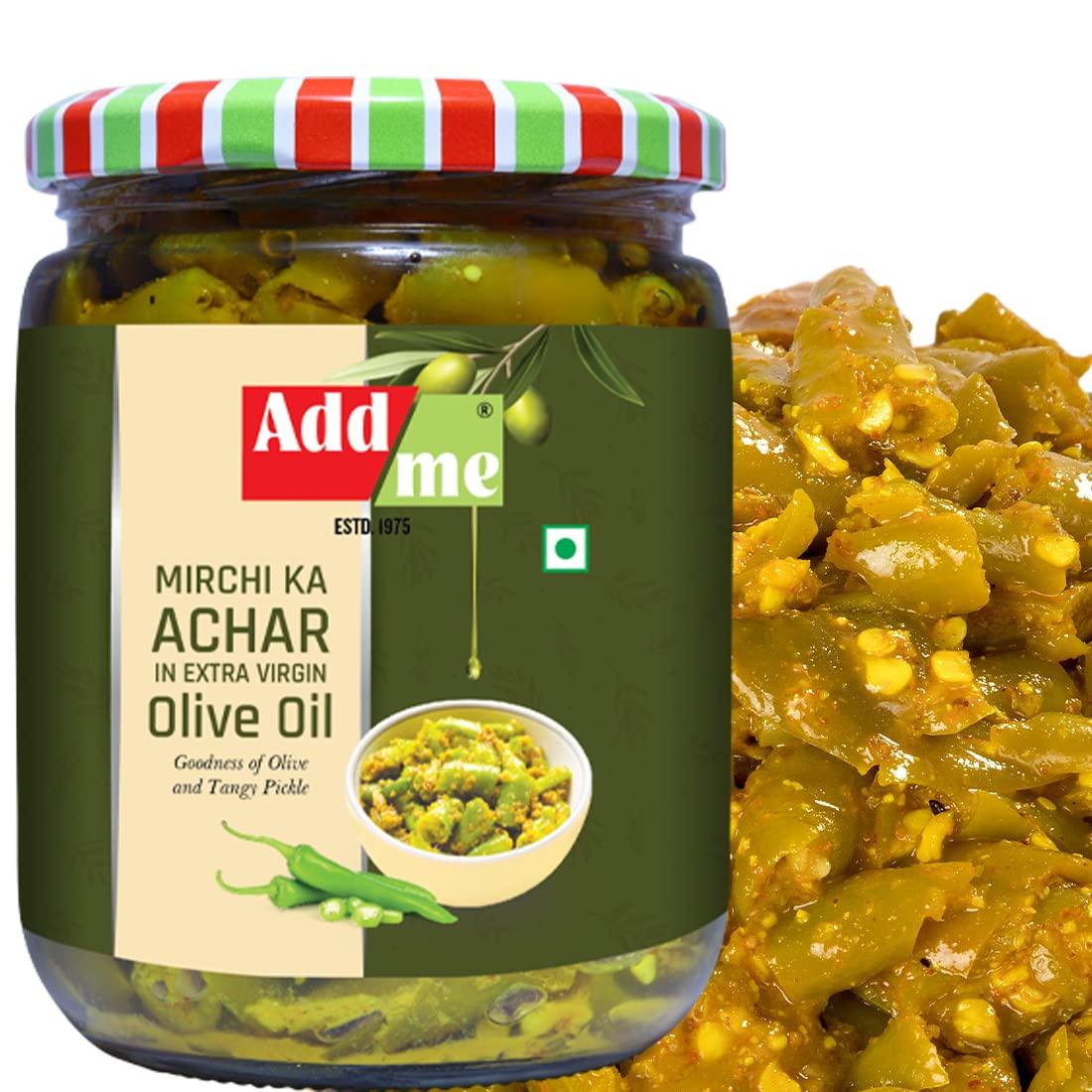 Add me Add me Mango Pickle 500 gm, Mixed Pickles 500 gm, Green Chilli Pickles 500 gm and Aam Nimbu Mirch Achar 500 gm All in Extra Virgin Olive Oil, Total 2 Kg -4 in 1 Pickle Combo Pack