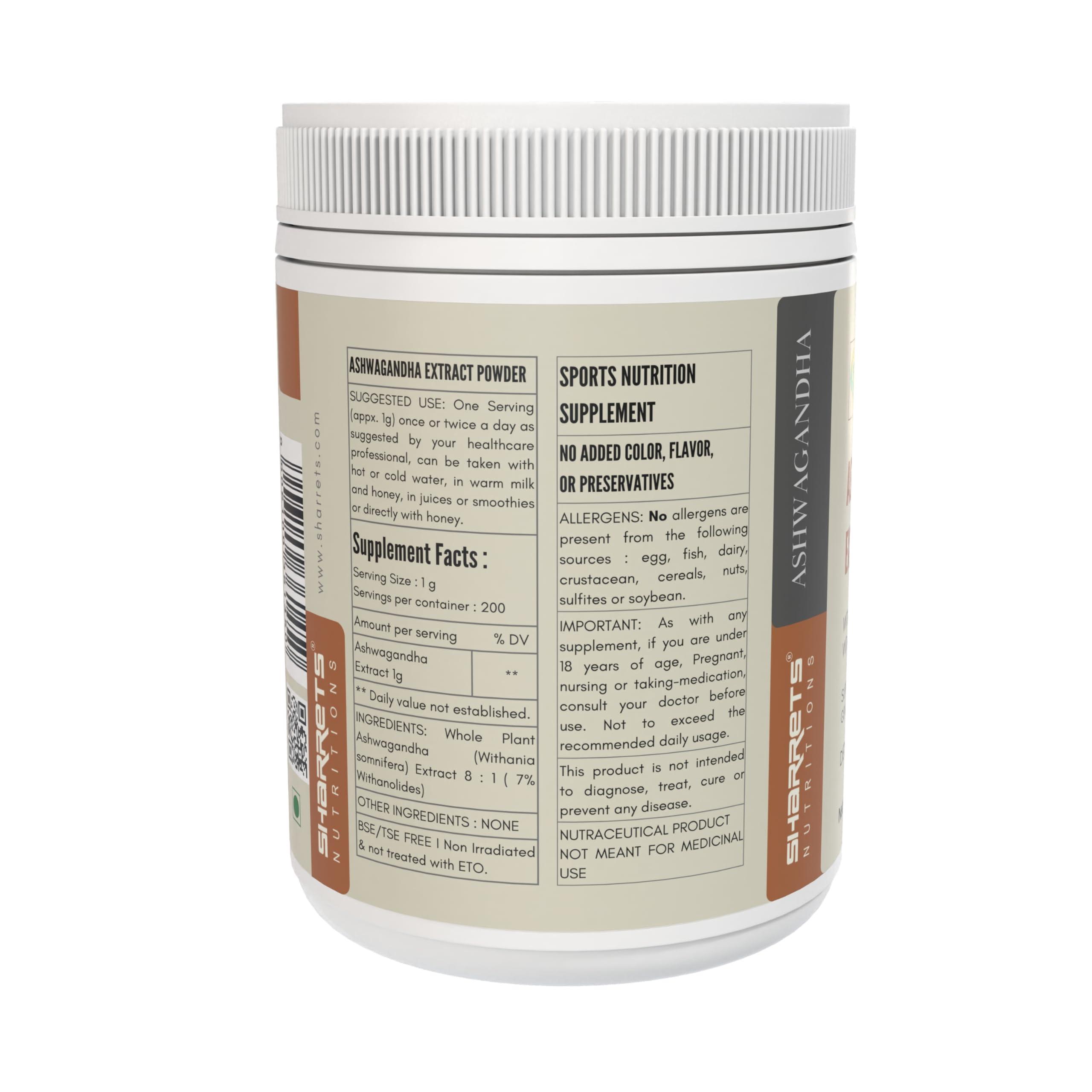 SHARRETS Sharrets Ashwagandha Extract Powder (8:1) Unflavored 200g- Withania somnifera, supports general health and wellbeing 7% Withanolides