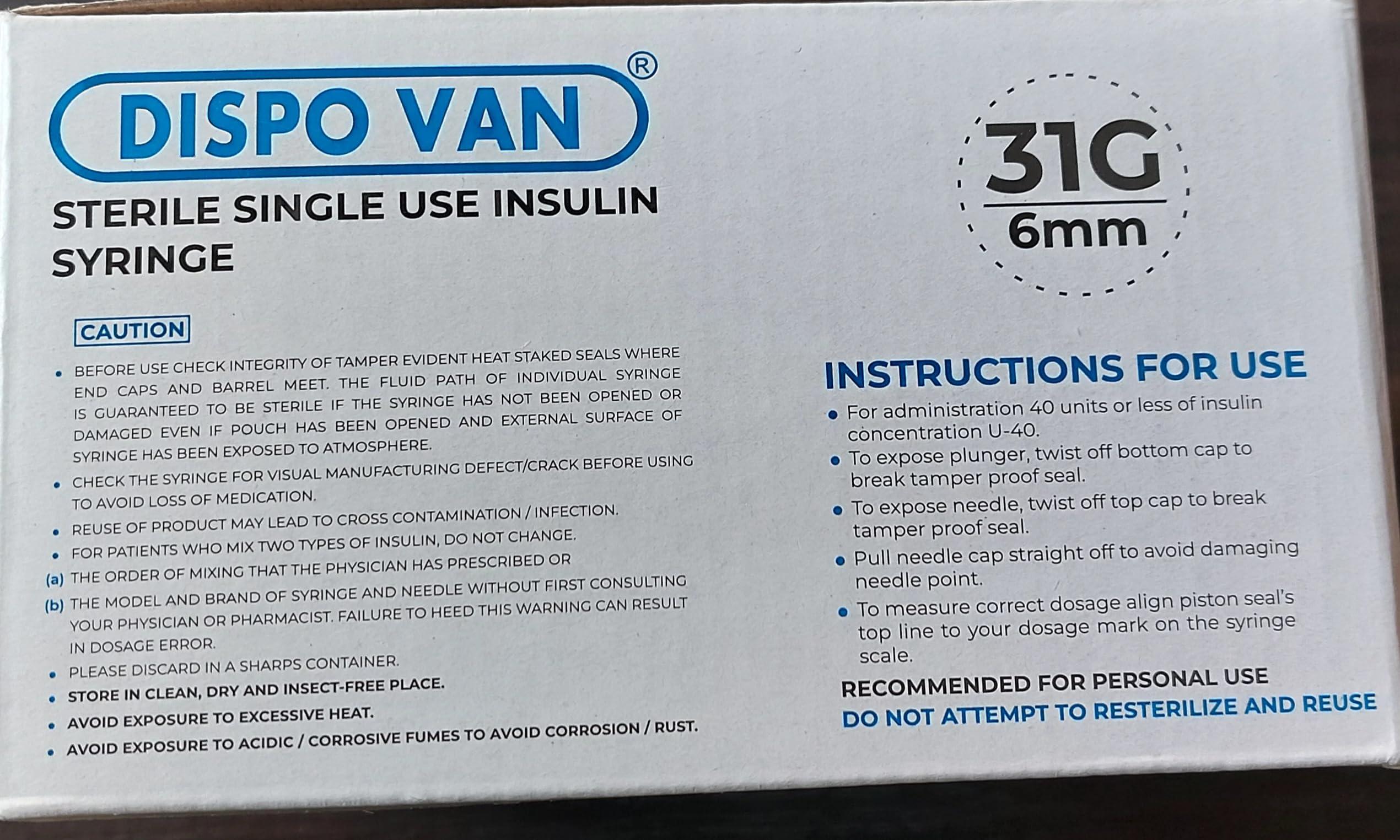 Hindustan Syringes & Medical Devices Ltd Dispovan Single use (disposable) insulin syringes 31G 1ml 0.25x60 (Pack of 100) -(B-Arm)