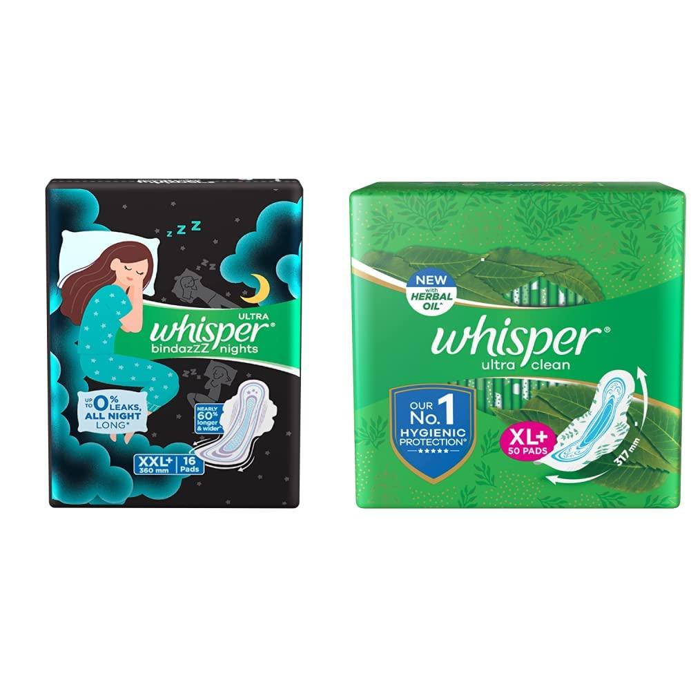 Whisper Whisper Ultra Overnight Sanitary Pads with Wings - 16 Pieces (XXL Plus) and Whisper Ultra Clean Sanitary Pads for Women, XL+ 50 Napkins
