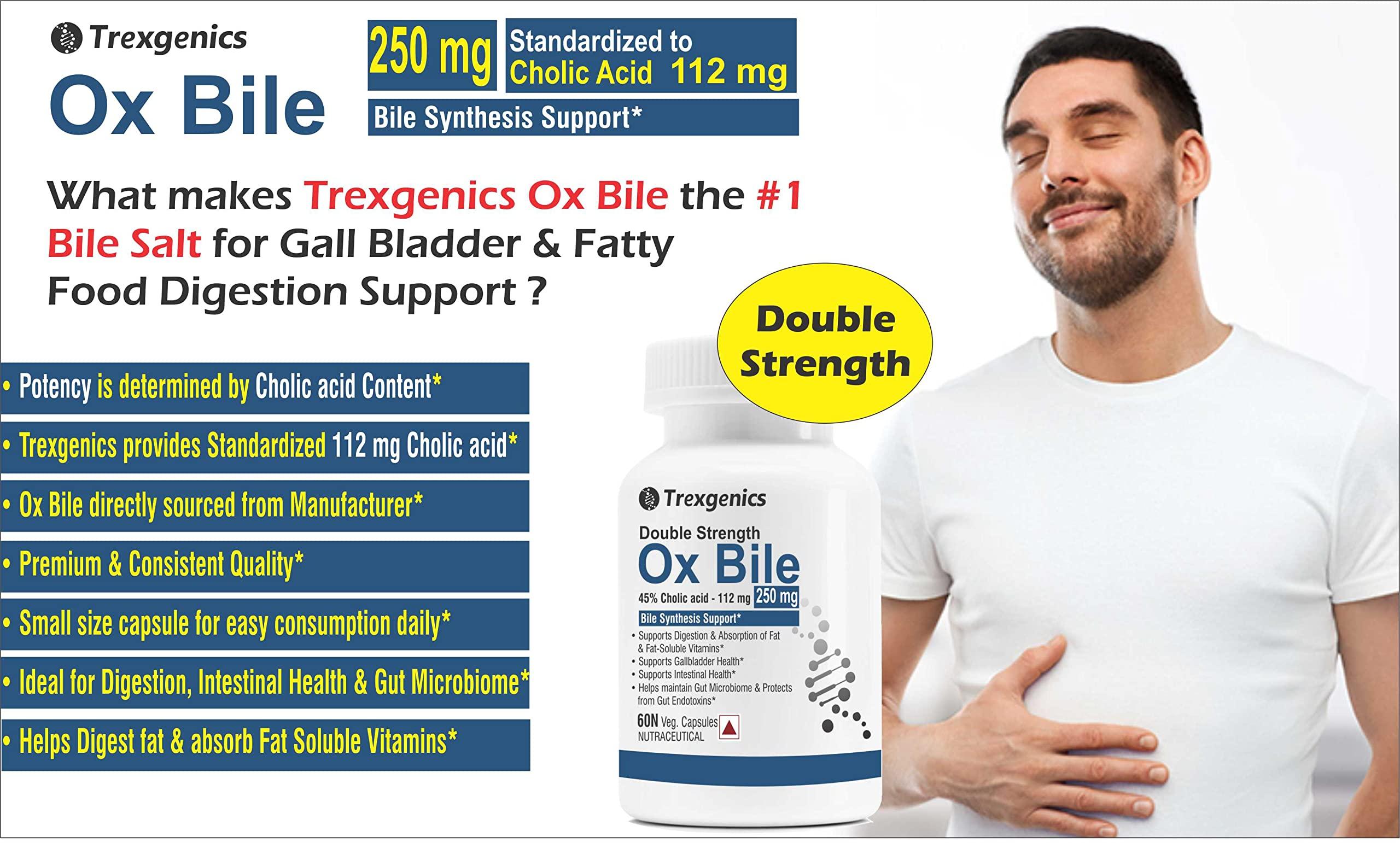 Trexgenics Trexgenics BILE EXTRACT 250 mg 45% Cholic acid DOUBLE STRENGTH Bile Synthesis Support (60 Vegan Capsules) (Pack of 2)