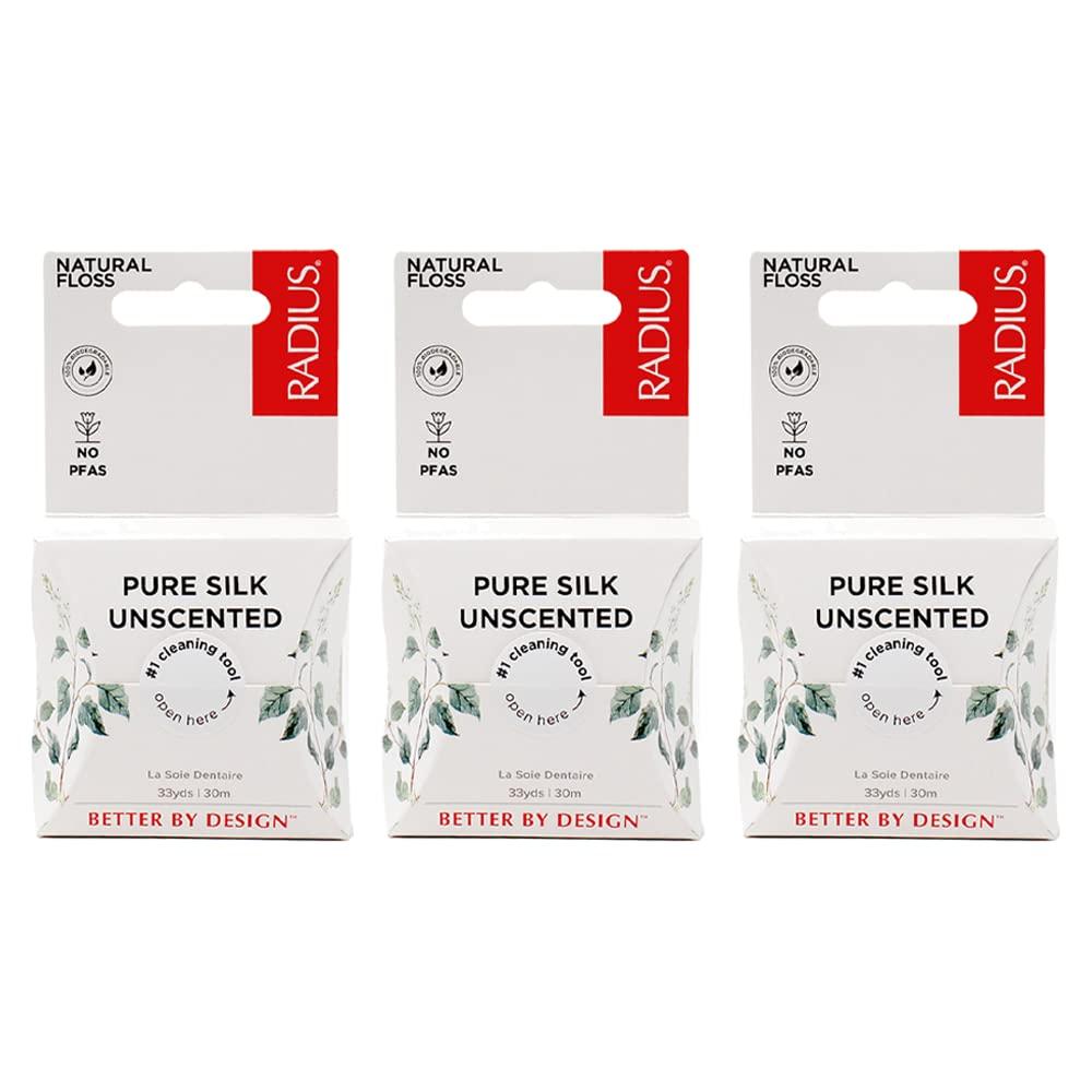 RADIUS RADIUS Natural Unscented Silk Dental Floss, 33 yards - 3 Pack, Compostable & Biodegradable, Non-Toxic and Designed to Help Fight Plaque