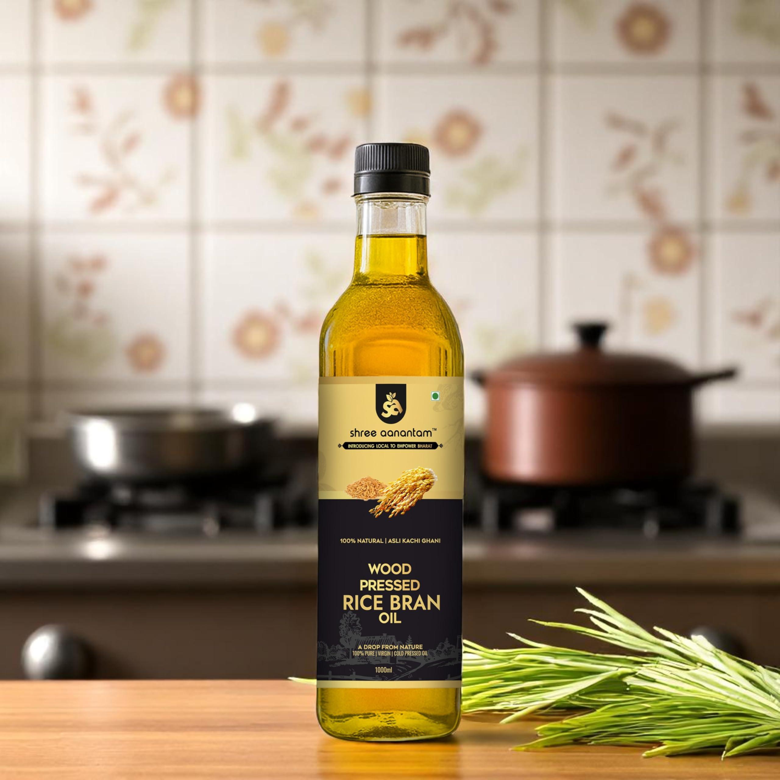 Shree Aanantam Shree Aanantam Cold Pressed Rice Bran Oil - 5 Litre | Bottle | Kolhu/Kacchi Ghani/Chekku | 100% Pure & Natural | Chemical-Free | Wood Pressed Rice Bran Oil for Cooking - 5L (Pack of 1)