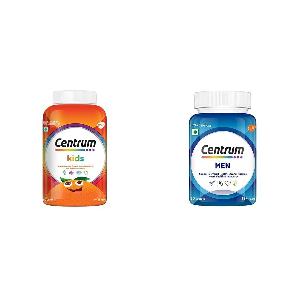 Centrum Centrum Kids, Multivitamin with Probiotics, Vitamin C & 11 other nutrients(Veg) - 50 Gummies & Centrum Men, Multivitamin with Grape seed extract (Veg) 30s