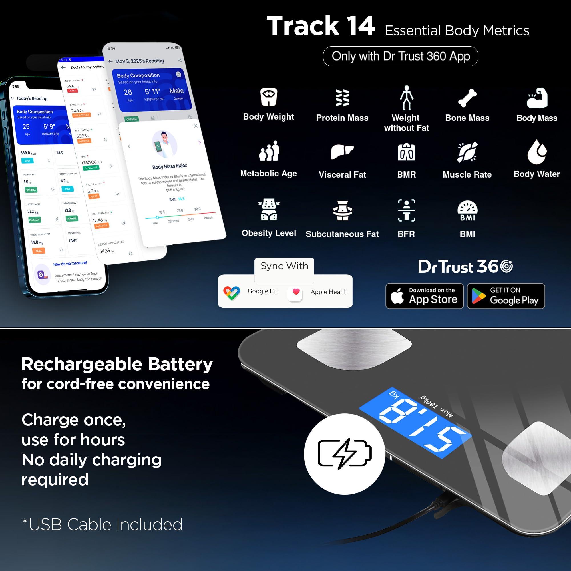 Dr Trust Dr Trust (USA) Rechargeable Bluetooth Digital Smart Fitness Body Fat Composition Analyzer BMI Weight Machine For Human USB Electronic Weighing Scale- 505 (Gray)