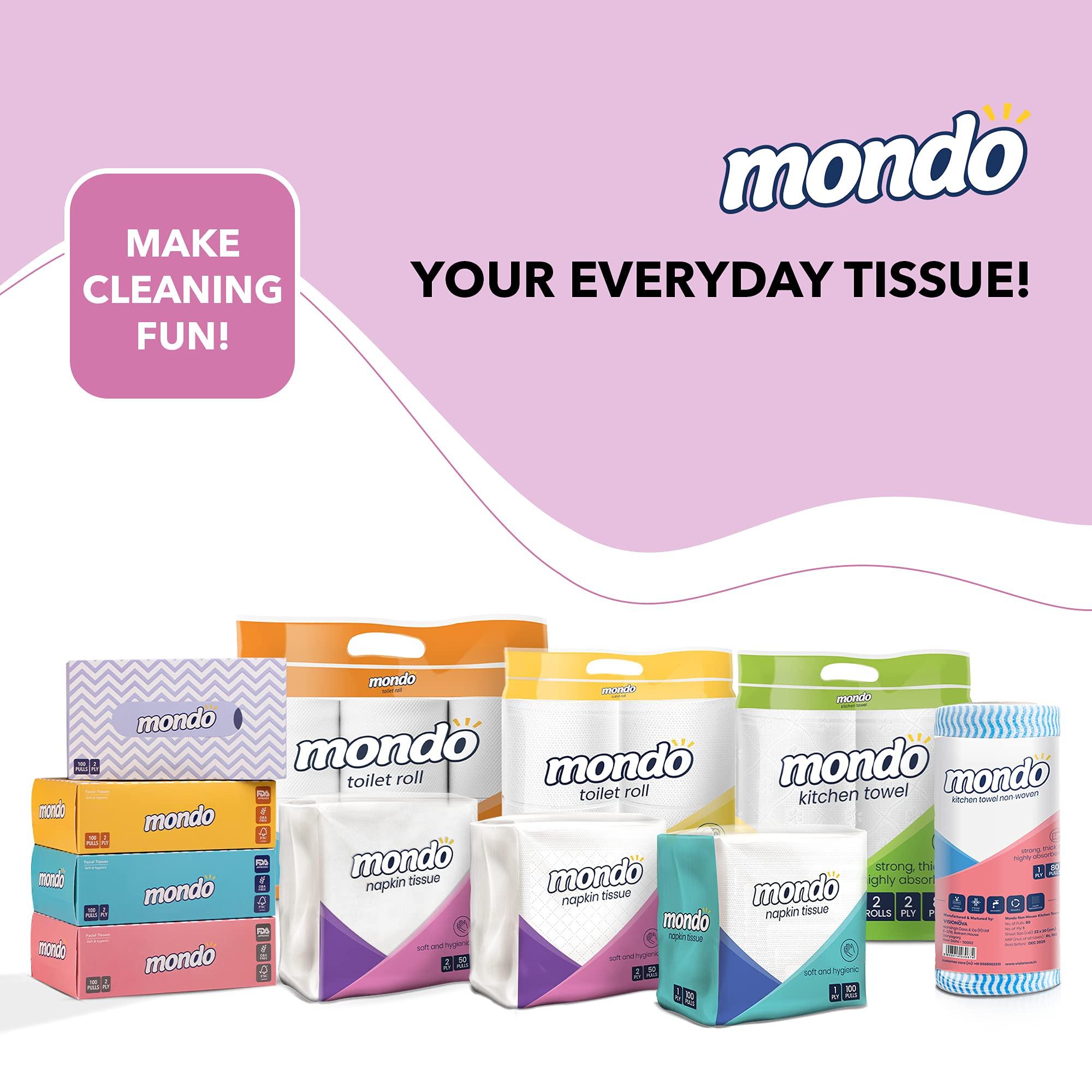 MONDO Mondo Napkin Tissue Paper (Size 30x30 centimetres, 2 Ply, 50 Pulls) | Pack of 5 Boxes | 100% Food & Skin Safe FDA Approved, OBA Free | Use in Kitchen & Dining, Catering, School & Office
