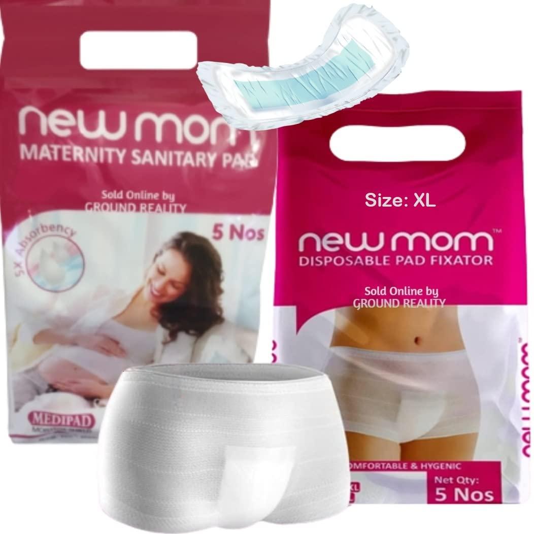 TUNSECHY TUNSECHY (Set of 20) New Mom Disposable Maternity Sanitary Pads for Women. 15 Medi pads for Medium Flow (450ml) + 5 XL size New Mom Panty Pad Fixator (washable and reusable) New Post Pregnancy Kit