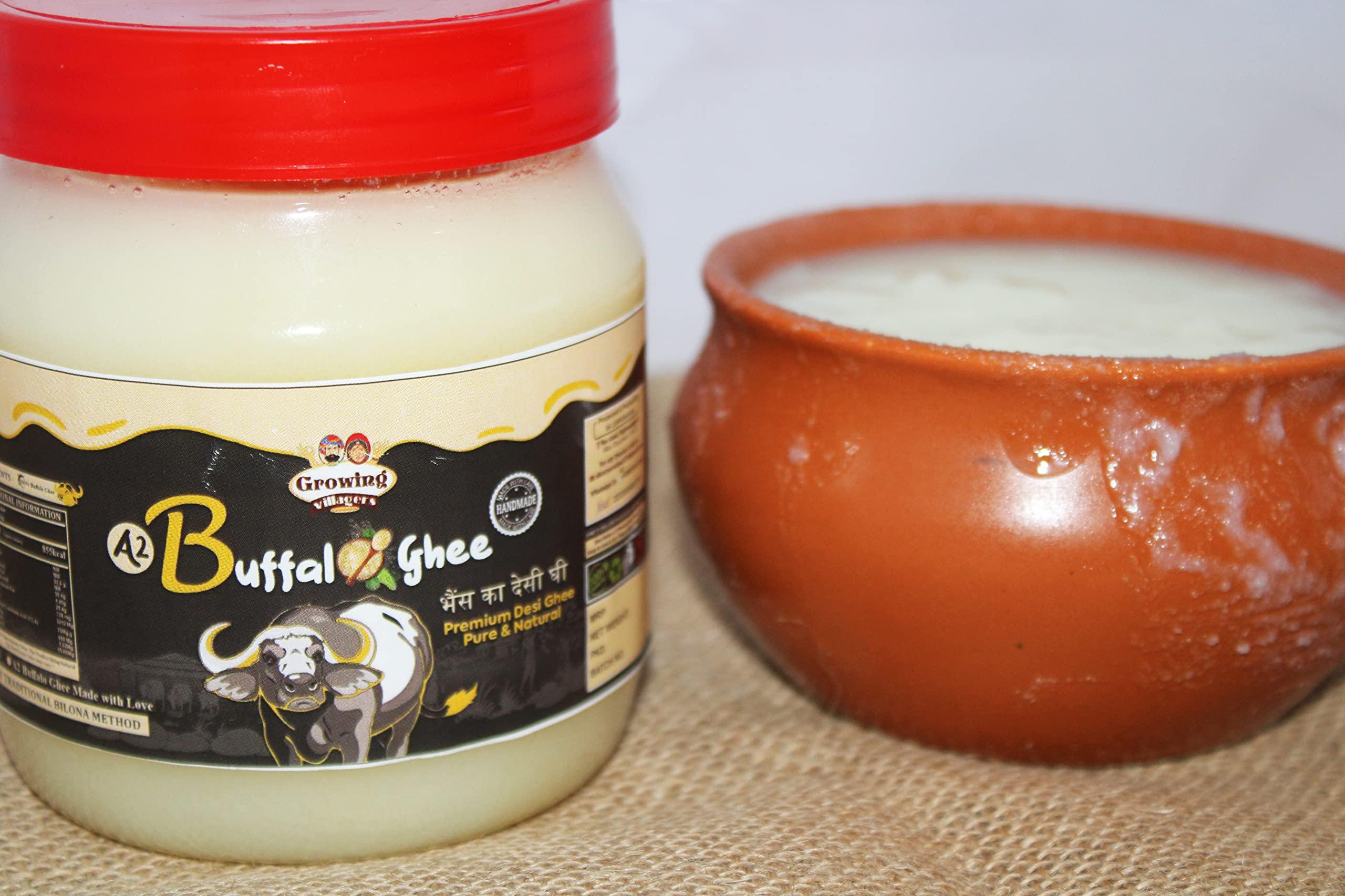 Growing Villagers Growing Villagers A2 Desi Buffalo Ghee 1 Litre | Organic Curd Churned Desi Ghee | Murrah Buffalo Bilona Method Ghee | Homemade Shudh Desi Bhes Ka Ghee - 2 Jars Of 500 ml Each