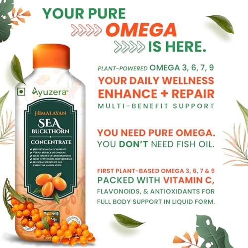 Ayuzera Ayuzera Himalayan Sea Buckthorn Pulp 300ml | Plant Based Vegan Omega 3, 6, 7 and 9 | Vegetarian Liquid Supplements | No Fish Oil | Veg, Natural & Organic | Makes up to 50 Glass Juice | Rich in Omega 7, Antioxidants, Vitamins | (900ml Pack Of 3)
