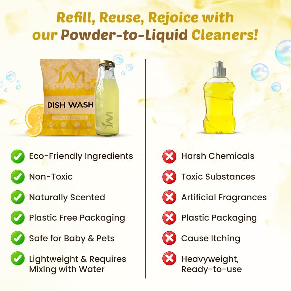 JAVI JAVI Dish Wash Powder to Liquid Refill Pack (10 Sachet = 5 Ltr) | Natural, Plant Based, Non Toxic & Eco-Friendly | Remove tough grease, soft on hands | Baby Safe & Pet safe | Crockery wash