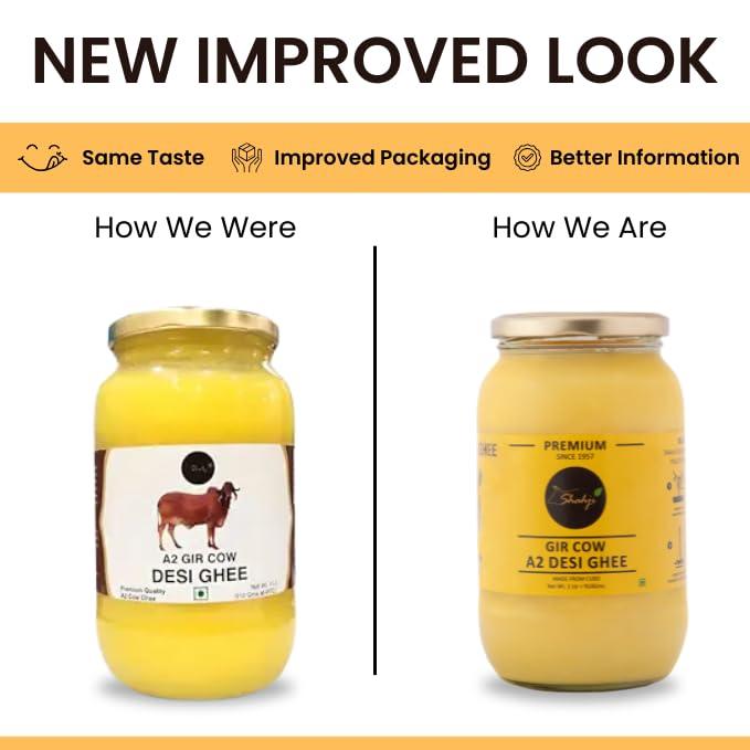 SHAHJI Shahji Pure A2 Gir Cow Desi Ghee 1L Glass Jar | Crafted with Vedic Bilona Method from 100% Desi Gir Cow Milk | Grassfed, Premium, and Traditional Ghee to Boost Immunity and Digestion | Lab Tested for Quality | Maa Ke Hath Ka Ghee | Serving Since 1957