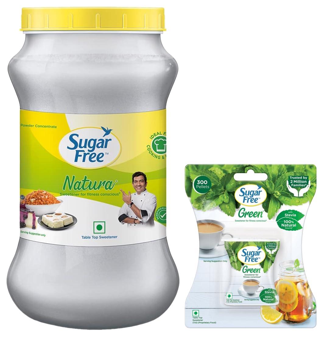 Sugar Free Sugarfree Natura Low Calorie Sweetner - 1kg Jar & Sugar Free Green 100% Natural Sweetener and Sugar Substitute - 300 Pellets net weight 30g