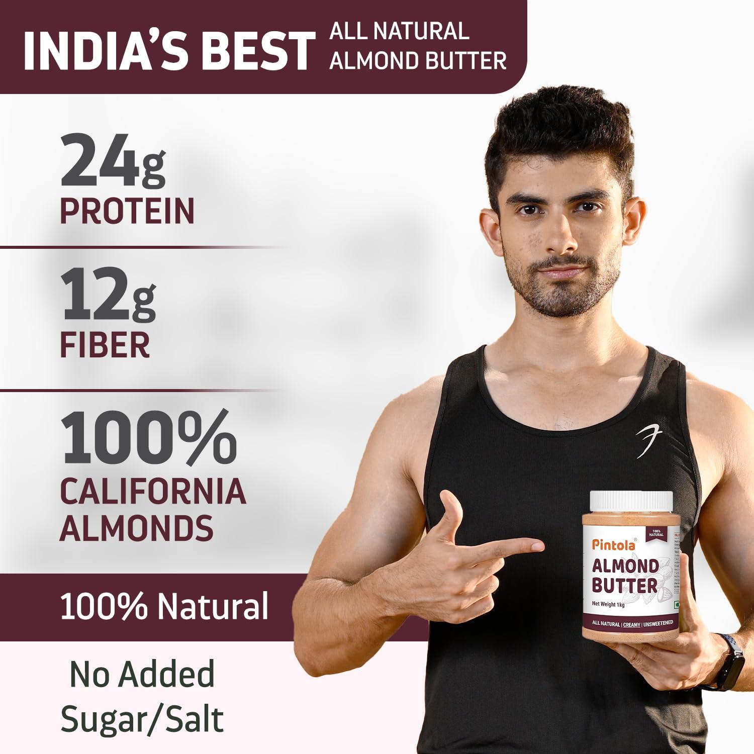 Pintola Pintola Almond Butter Crunchy 200g - All Natural Unsalted Butter, Healthy Almond Butter Unsweetened for Bread Spreads, Vegan Almond Butter